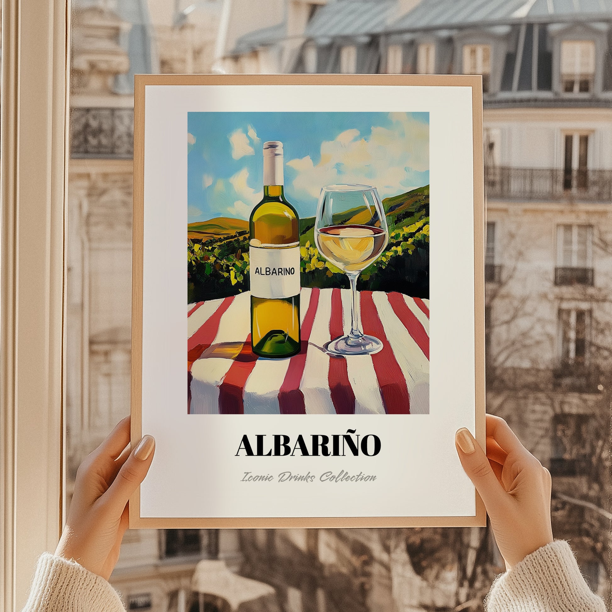 Albariño – Spanish Hilltop Table Scene, Spanish Wine Wall Art, styled in a charming Paris street view