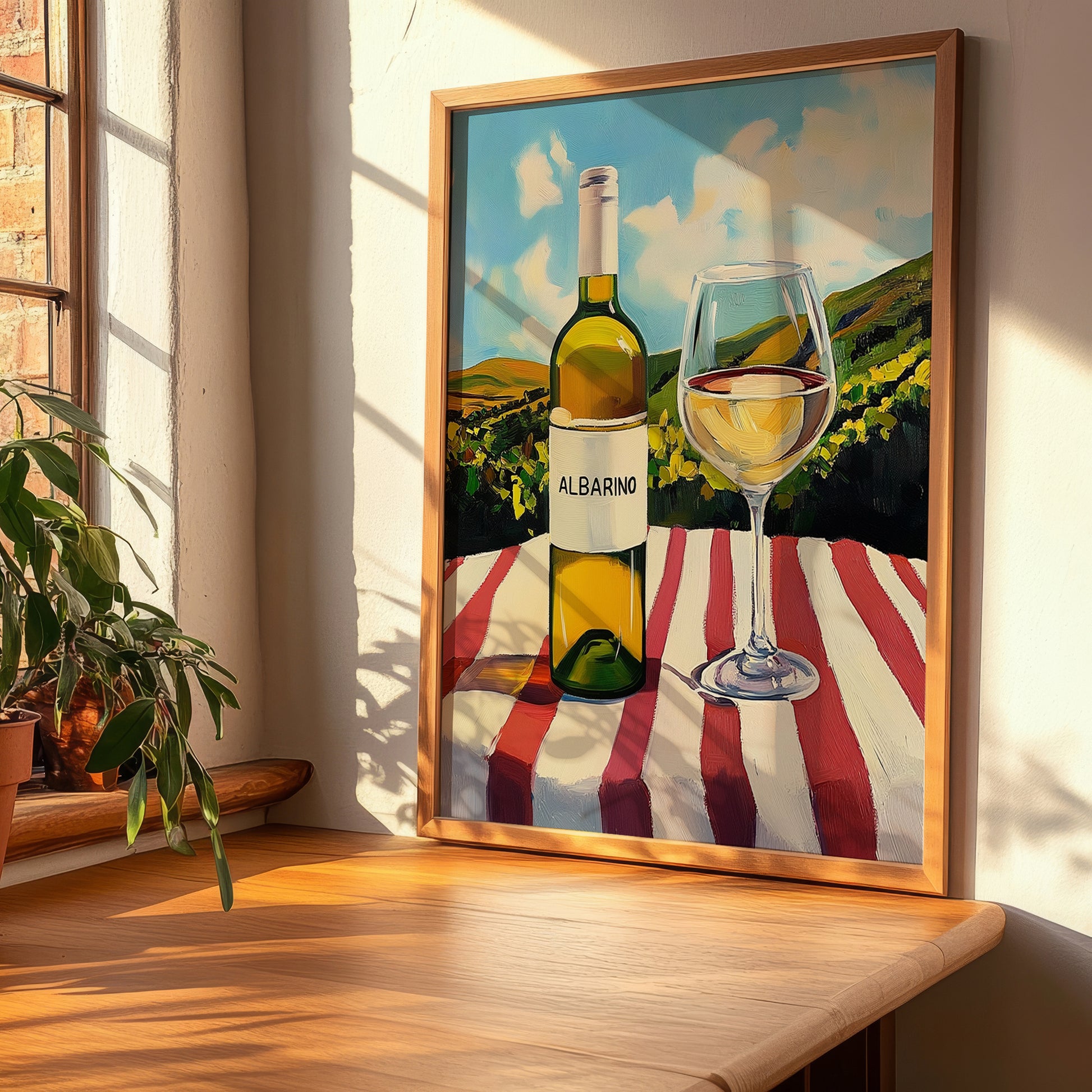 Albariño – Spanish Hilltop Table Scene, Spanish Wine Wall Art, clean layout with no caption