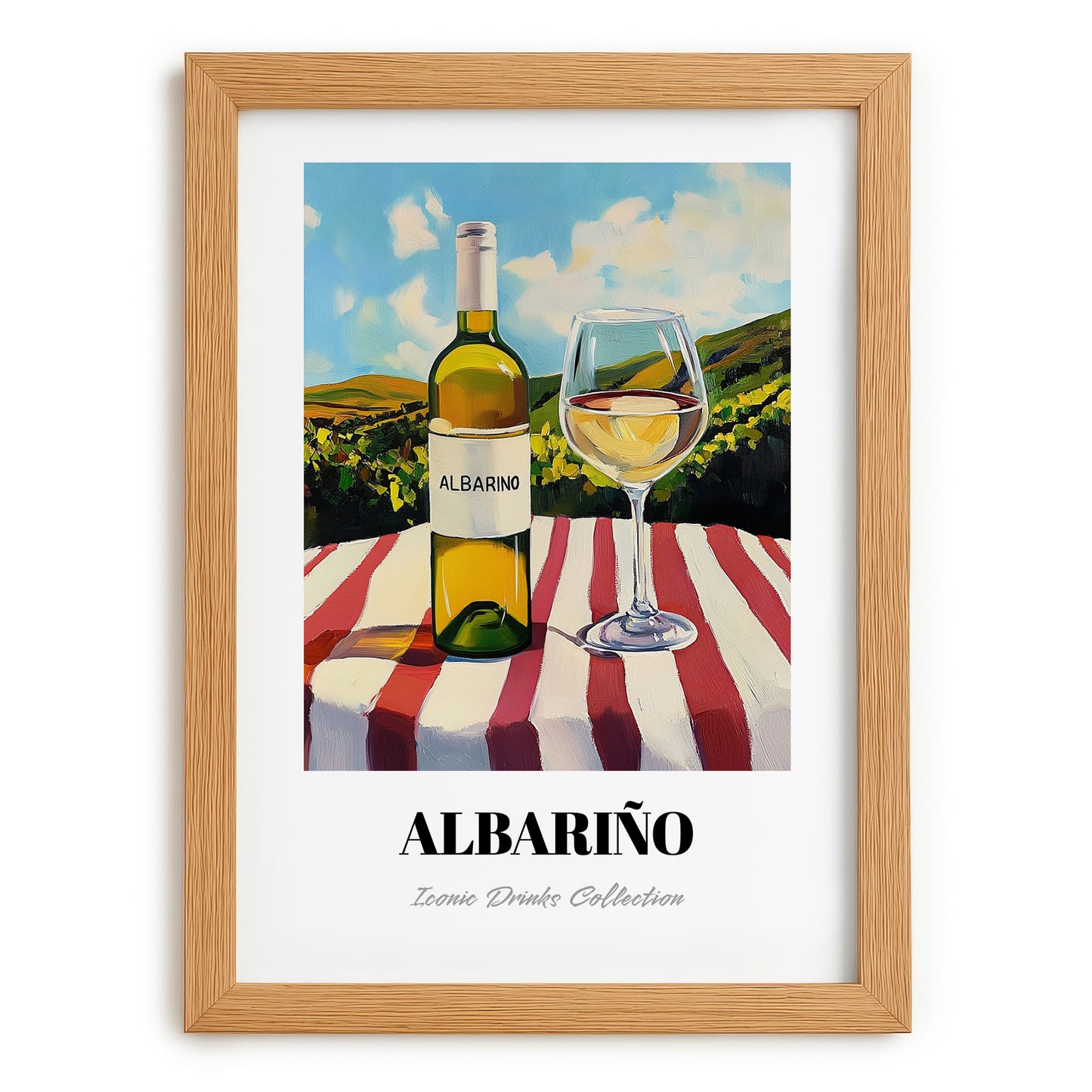 Albariño – Spanish Hilltop Table Scene, Spanish Wine Wall Art, set in oak frame