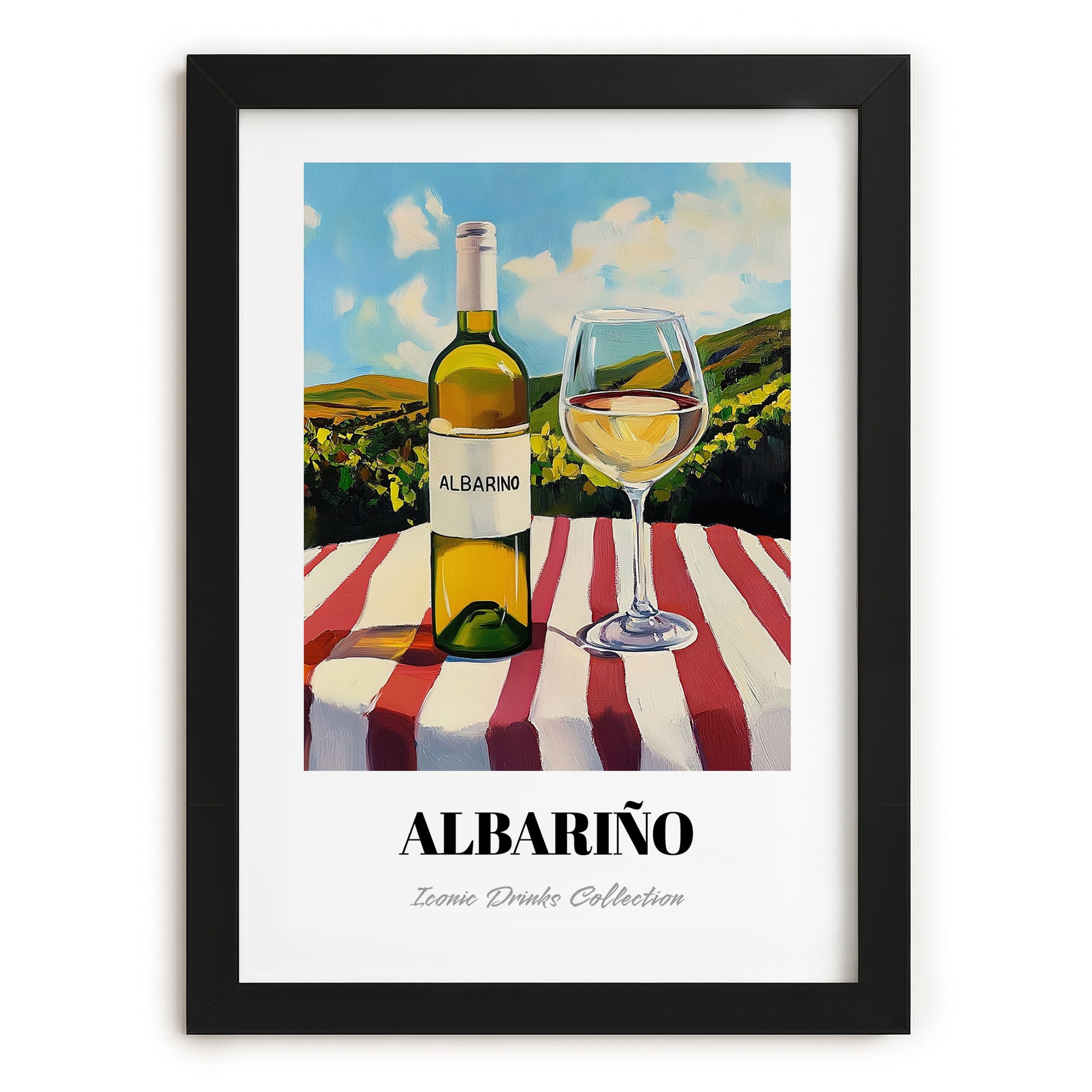 Albariño – Spanish Hilltop Table Scene, Spanish Wine Wall Art, in sleek black frame