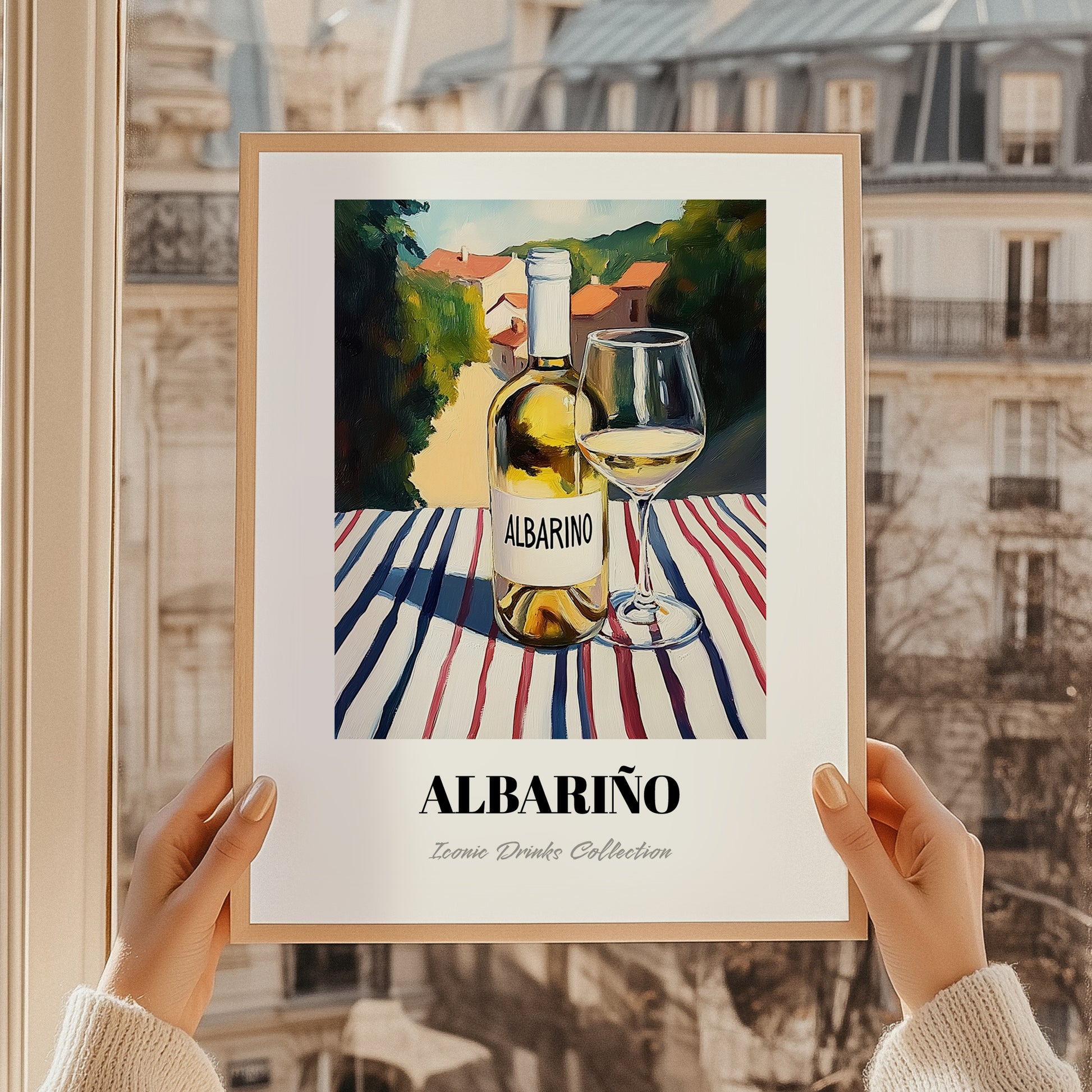 Albariño – Spanish Hillside Café View, Spanish Wine Illustration, styled in a charming Paris street view
