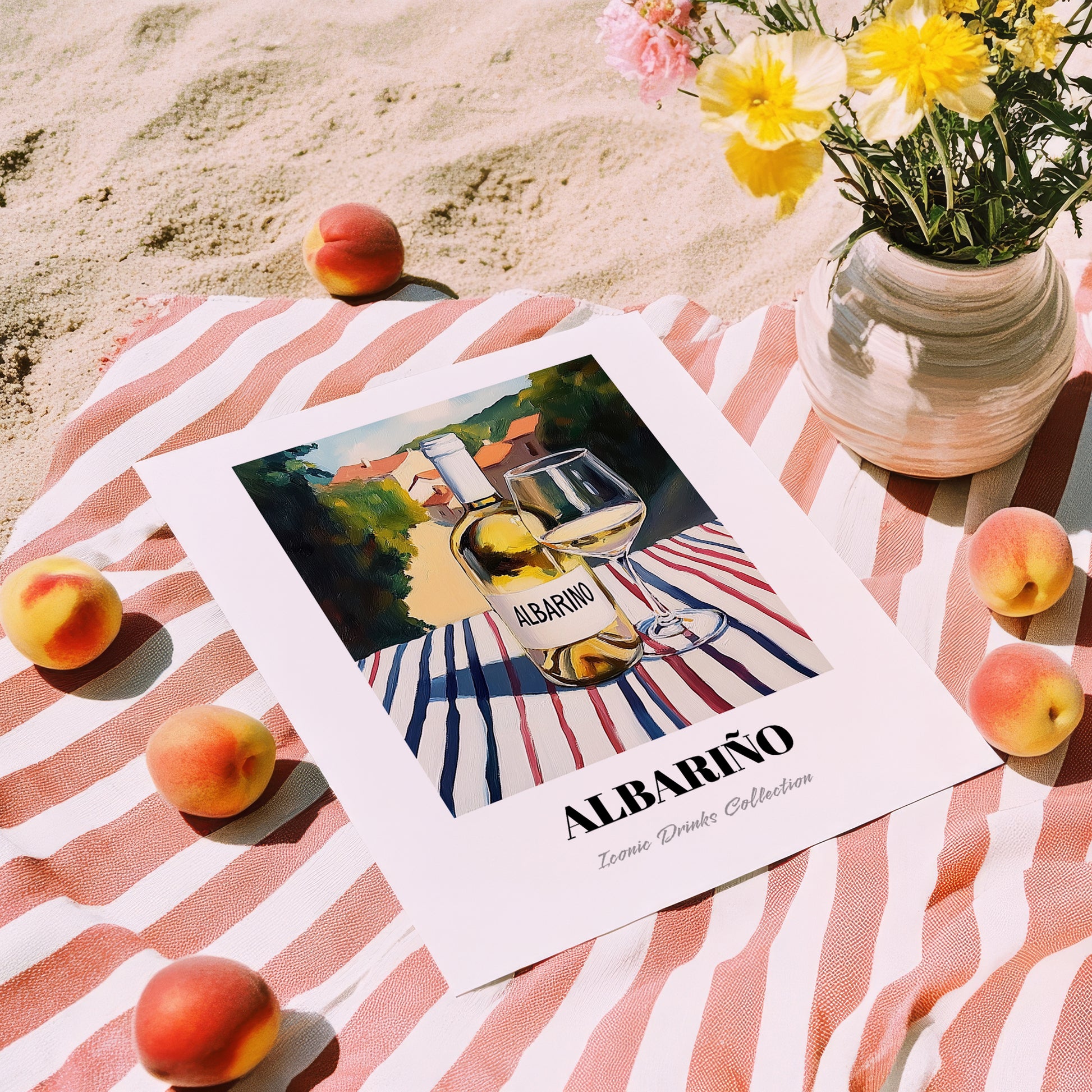 Albariño – Spanish Hillside Café View, Spanish Wine Illustration, unframed on coastal sand