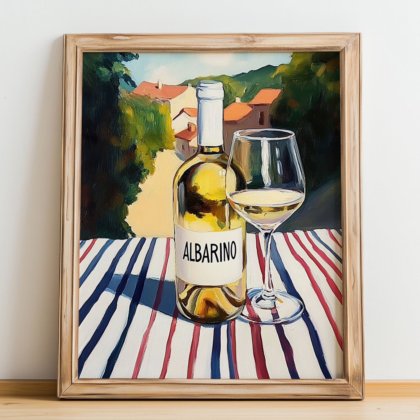 Albariño – Spanish Hillside Café View, Spanish Wine Illustration, no-text version framed in wood