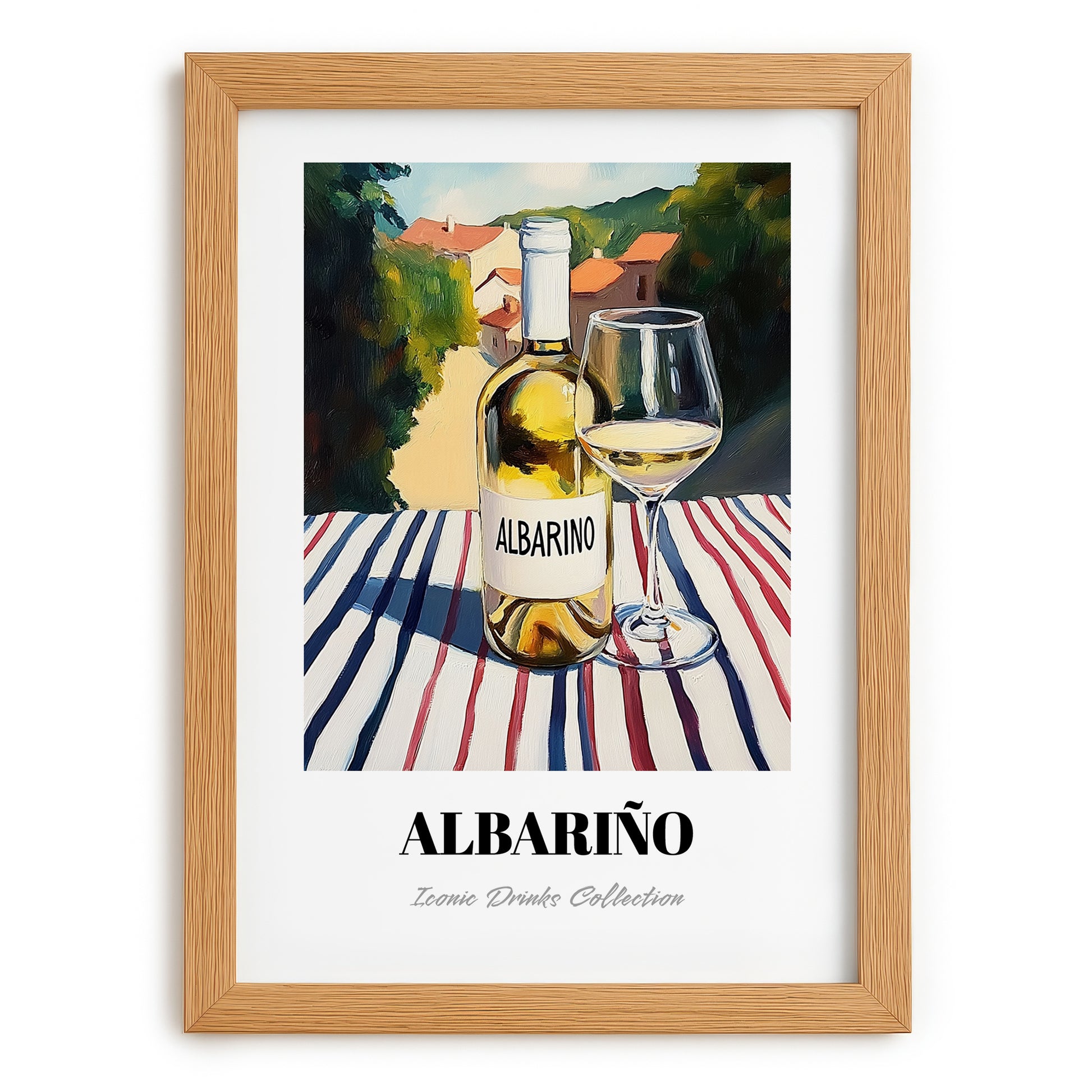 Albariño – Spanish Hillside Café View, Spanish Wine Illustration, set in oak frame