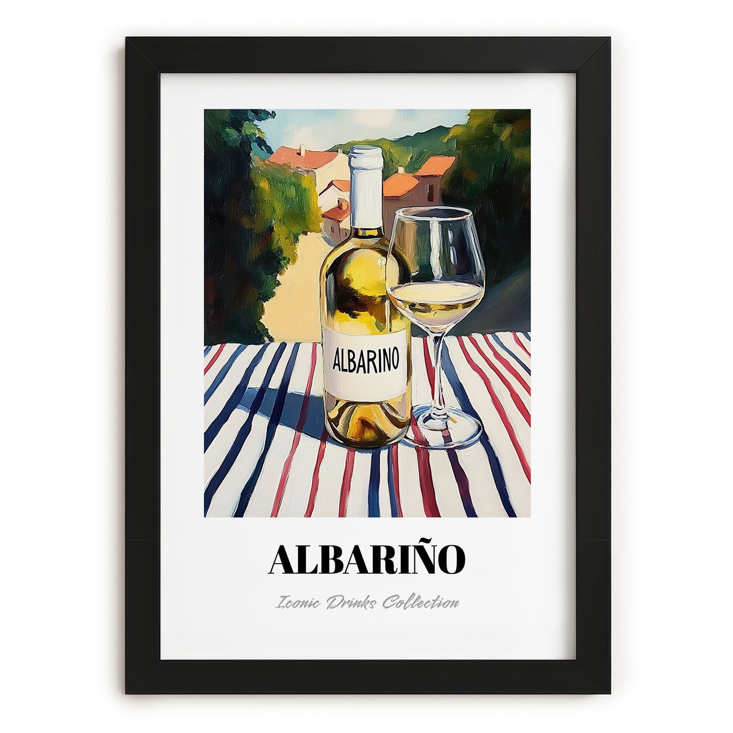 Albariño – Spanish Hillside Café View, Spanish Wine Illustration, in sleek black frame