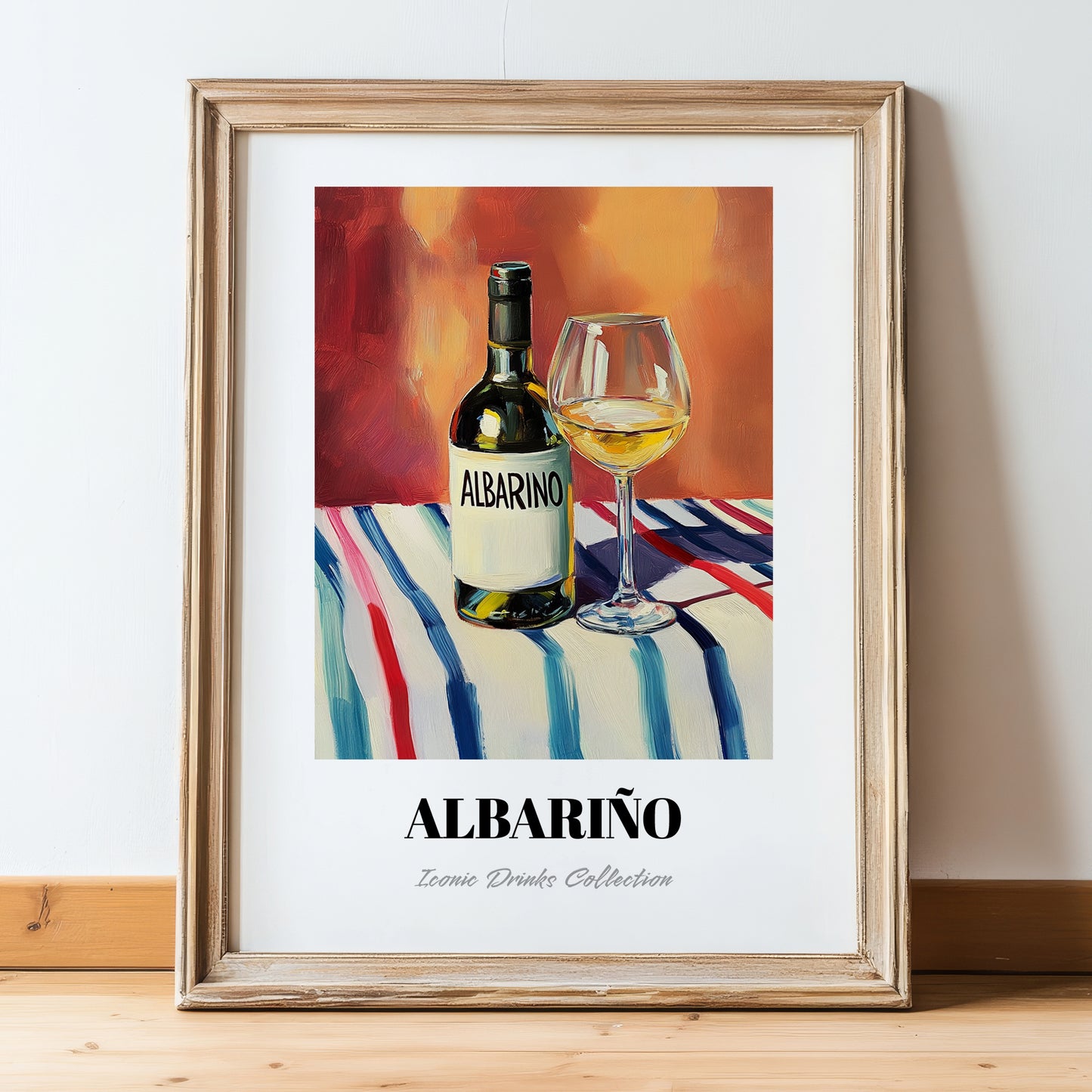 Albariño – on Striped Tablecloth, Spanish Wine Still Life, in wooden frame leaning on the floor