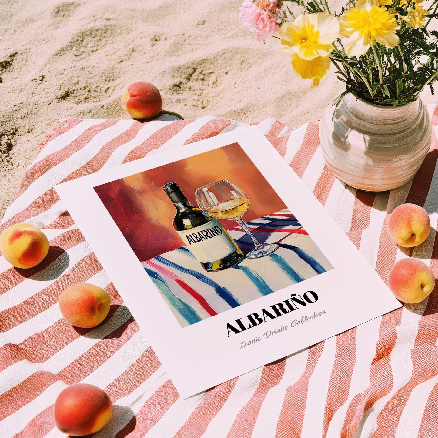Albariño – on Striped Tablecloth, Spanish Wine Still Life, unframed on coastal sand