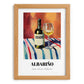 Albariño – on Striped Tablecloth, Spanish Wine Still Life, set in oak frame