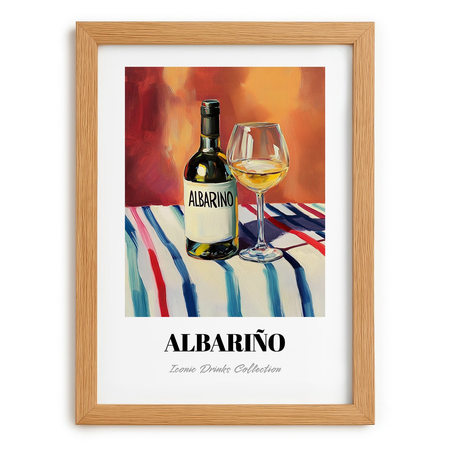 Albariño – on Striped Tablecloth, Spanish Wine Still Life, set in oak frame