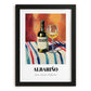Albariño – on Striped Tablecloth, Spanish Wine Still Life, in sleek black frame