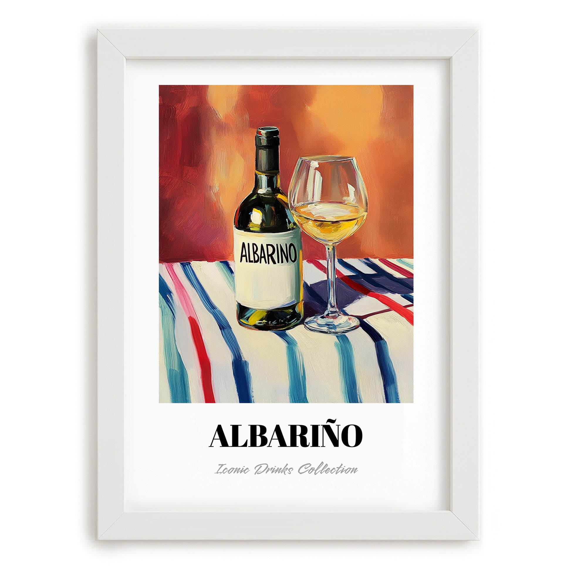 Albariño – on Striped Tablecloth, Spanish Wine Still Life, placed in minimal white frame