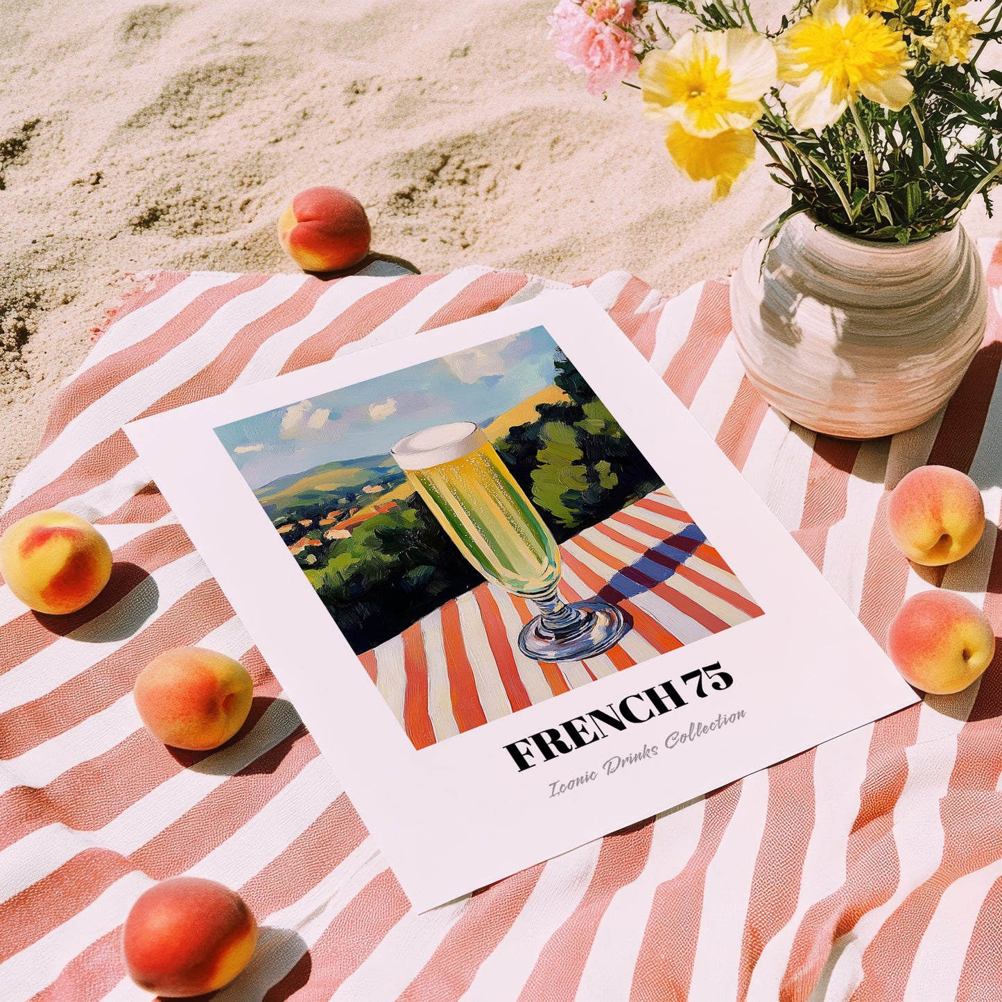 French 75 – French Hilltop Table Scene, French Cocktail Wall Decor, unframed on coastal sand