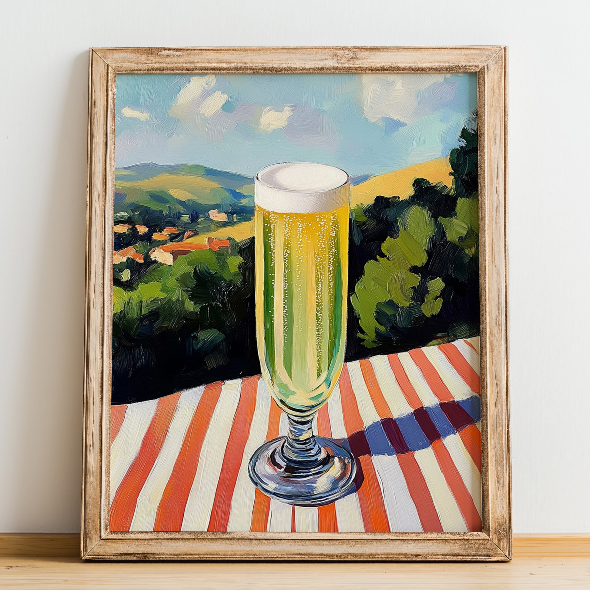 French 75 – French Hilltop Table Scene, French Cocktail Wall Decor, no-text version framed in wood