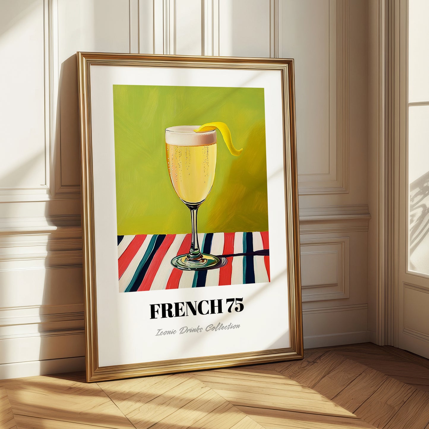 French 75 – on Striped Tablecloth, French Cocktail Still Life