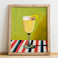 French 75 – on Striped Tablecloth, French Cocktail Still Life, no-text version framed in wood