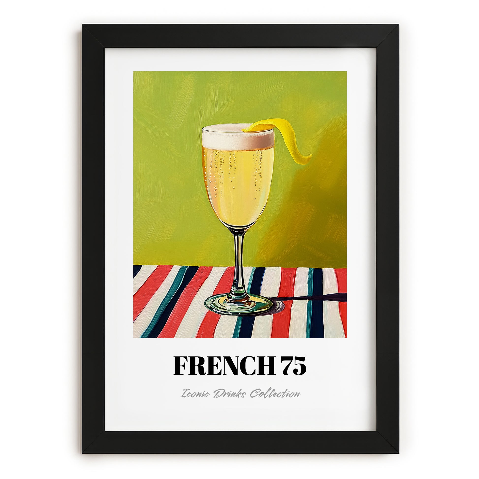 French 75 – on Striped Tablecloth, French Cocktail Still Life, in sleek black frame