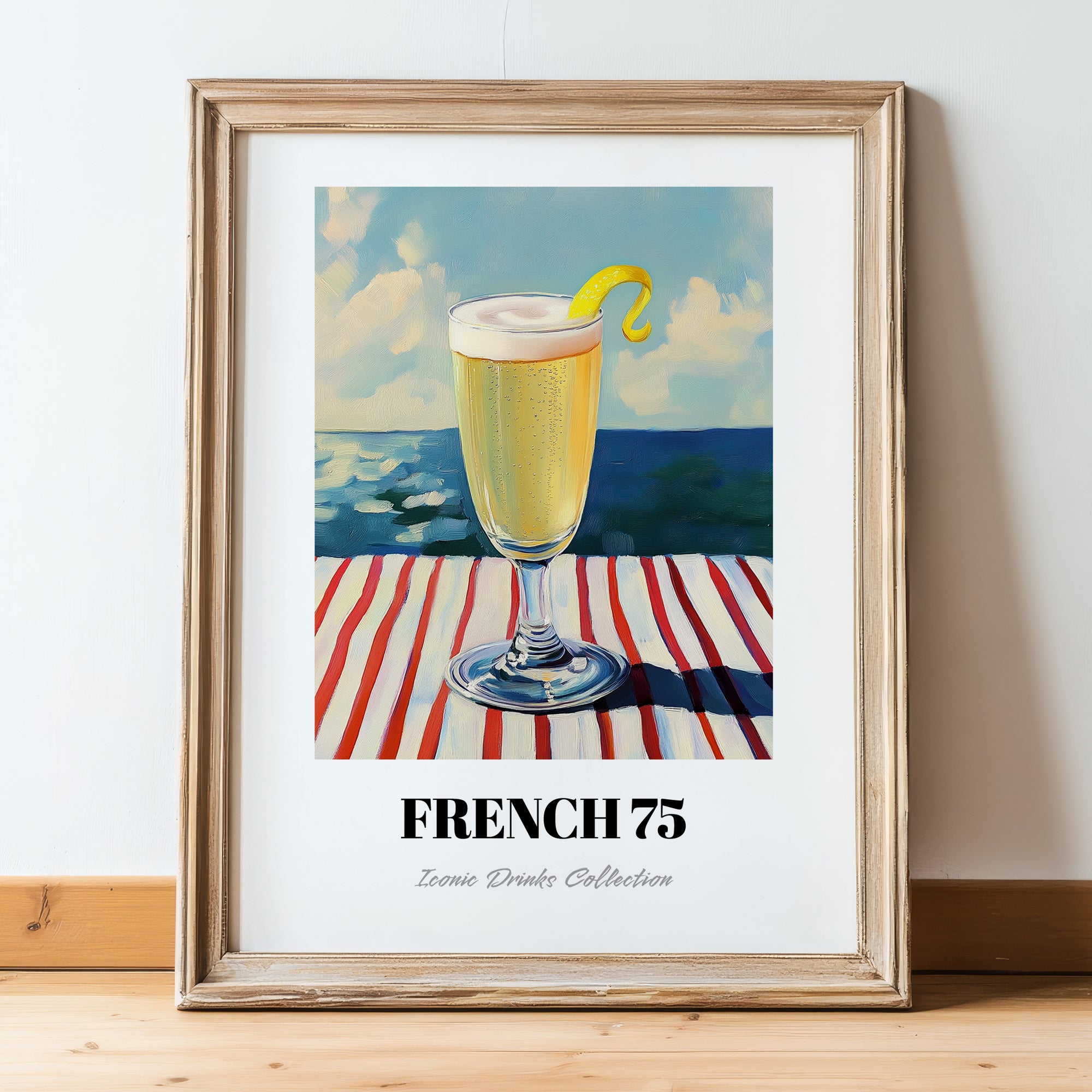 French 75 – French Seaside Scene, French Cocktail Wall Decor, in wooden frame leaning on the floor