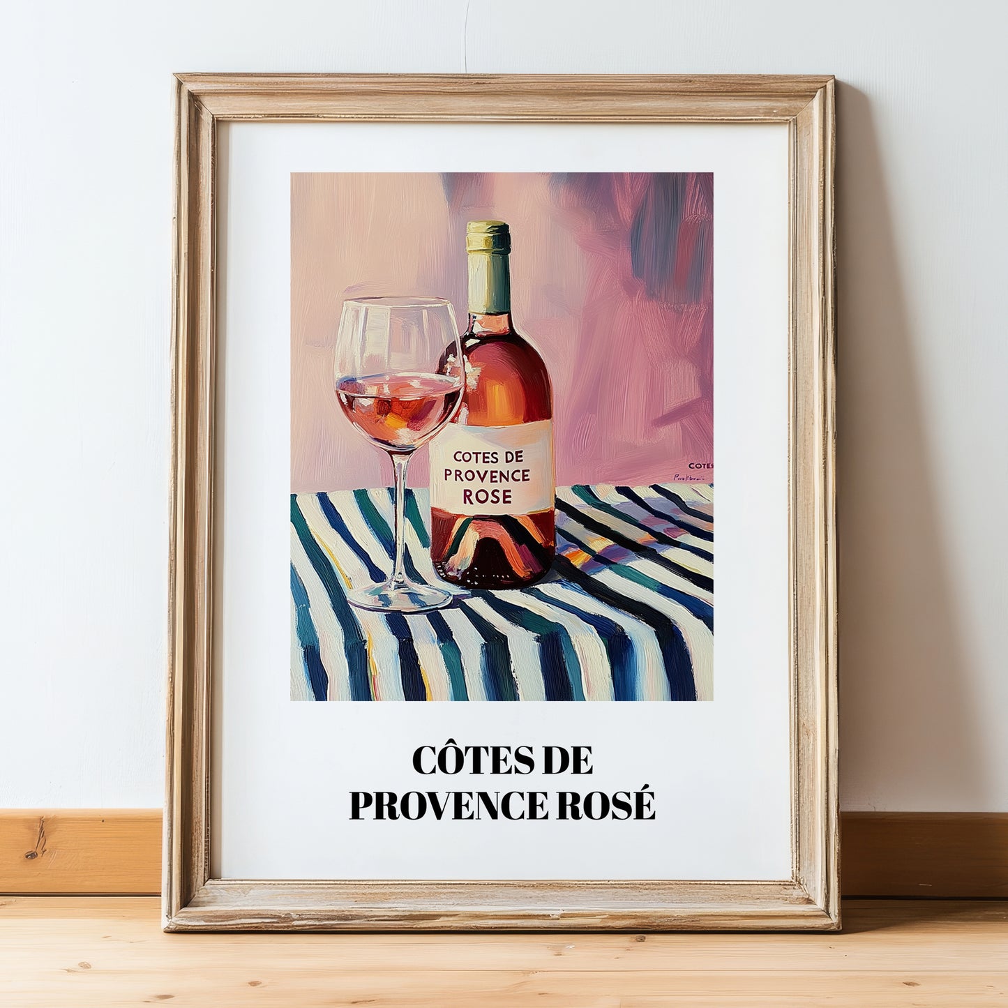 Côtes De Provence Rosé – on Striped Tablecloth, French Wine Still Life, in wooden frame leaning on the floor