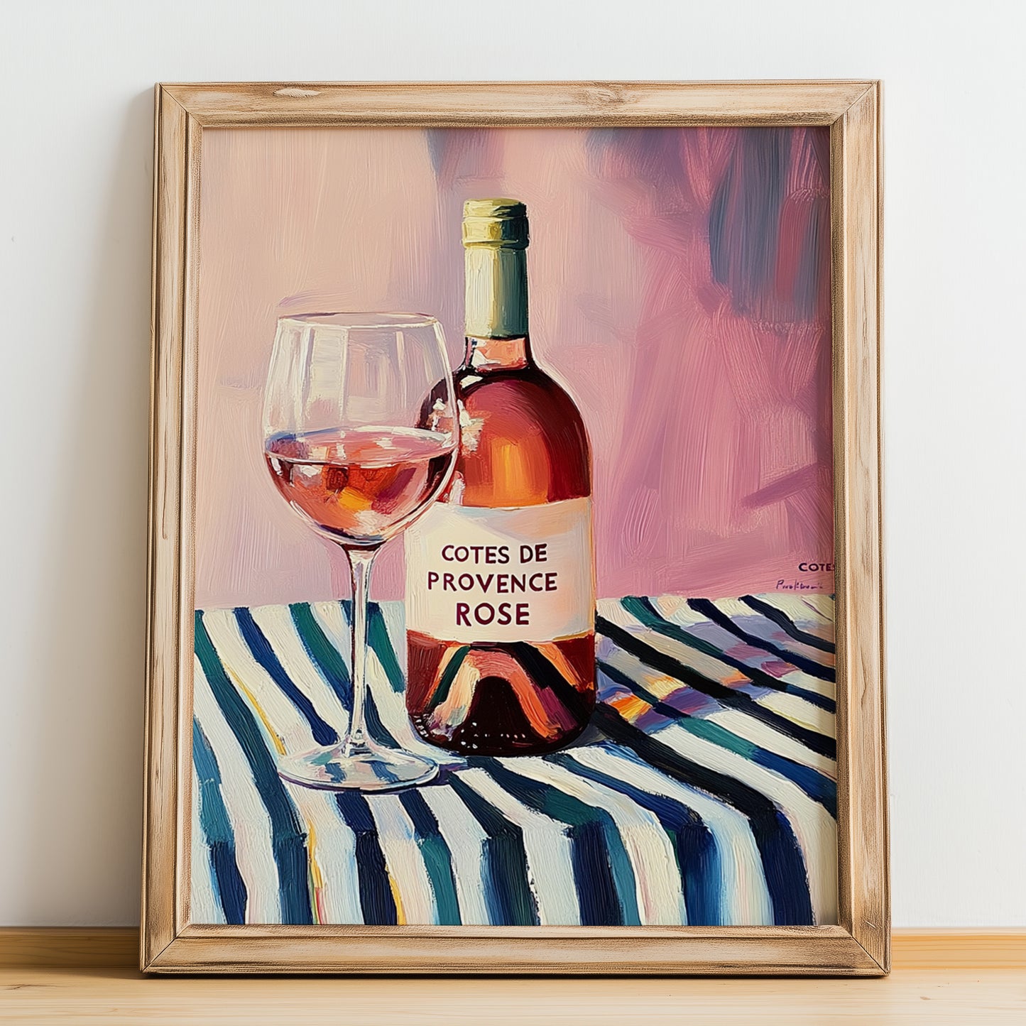Côtes De Provence Rosé – on Striped Tablecloth, French Wine Still Life, no-text version framed in wood