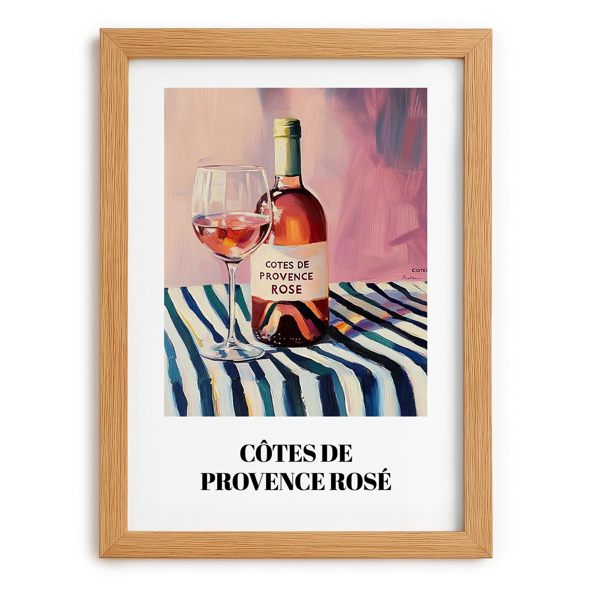 Côtes De Provence Rosé – on Striped Tablecloth, French Wine Still Life, set in oak frame