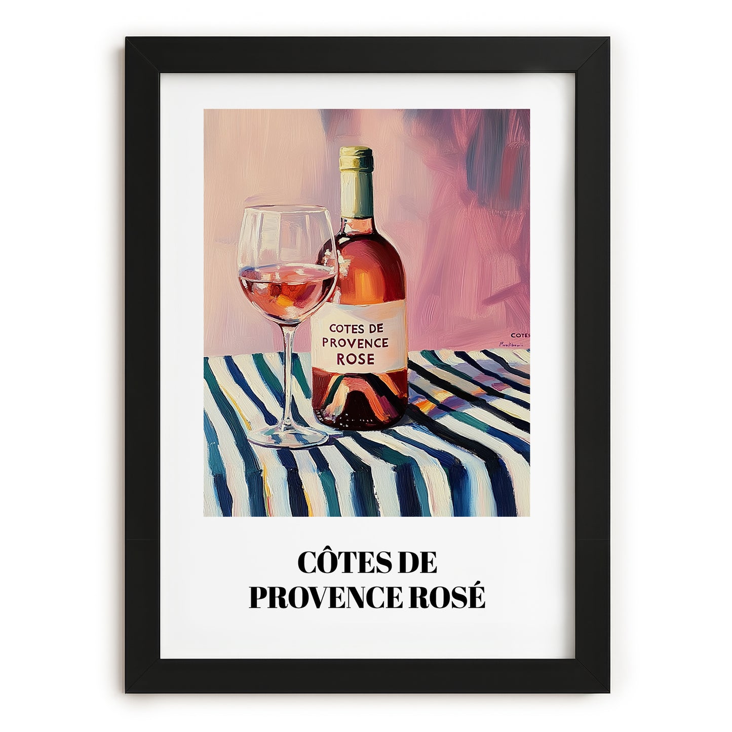 Côtes De Provence Rosé – on Striped Tablecloth, French Wine Still Life, in sleek black frame