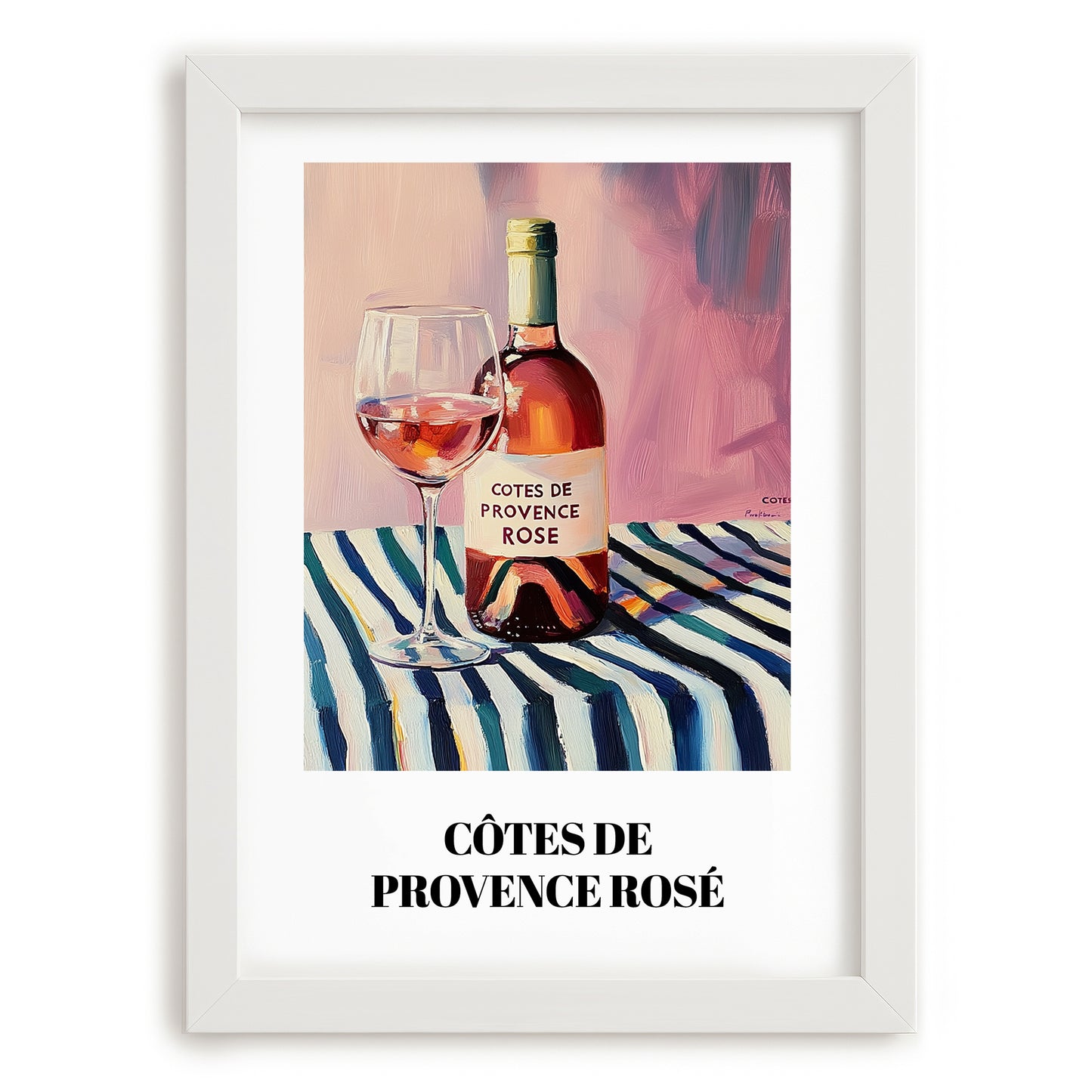 Côtes De Provence Rosé – on Striped Tablecloth, French Wine Still Life, placed in minimal white frame