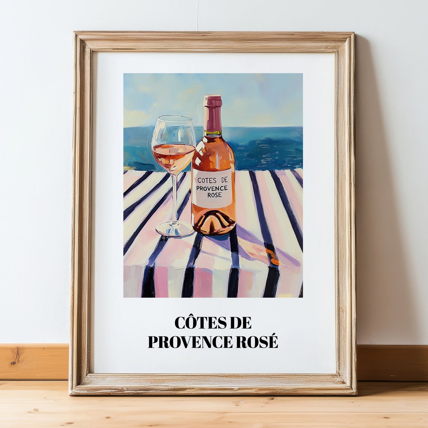Côtes De Provence Rosé – French Coastal Table, French Wine Painting, in wooden frame leaning on the floor