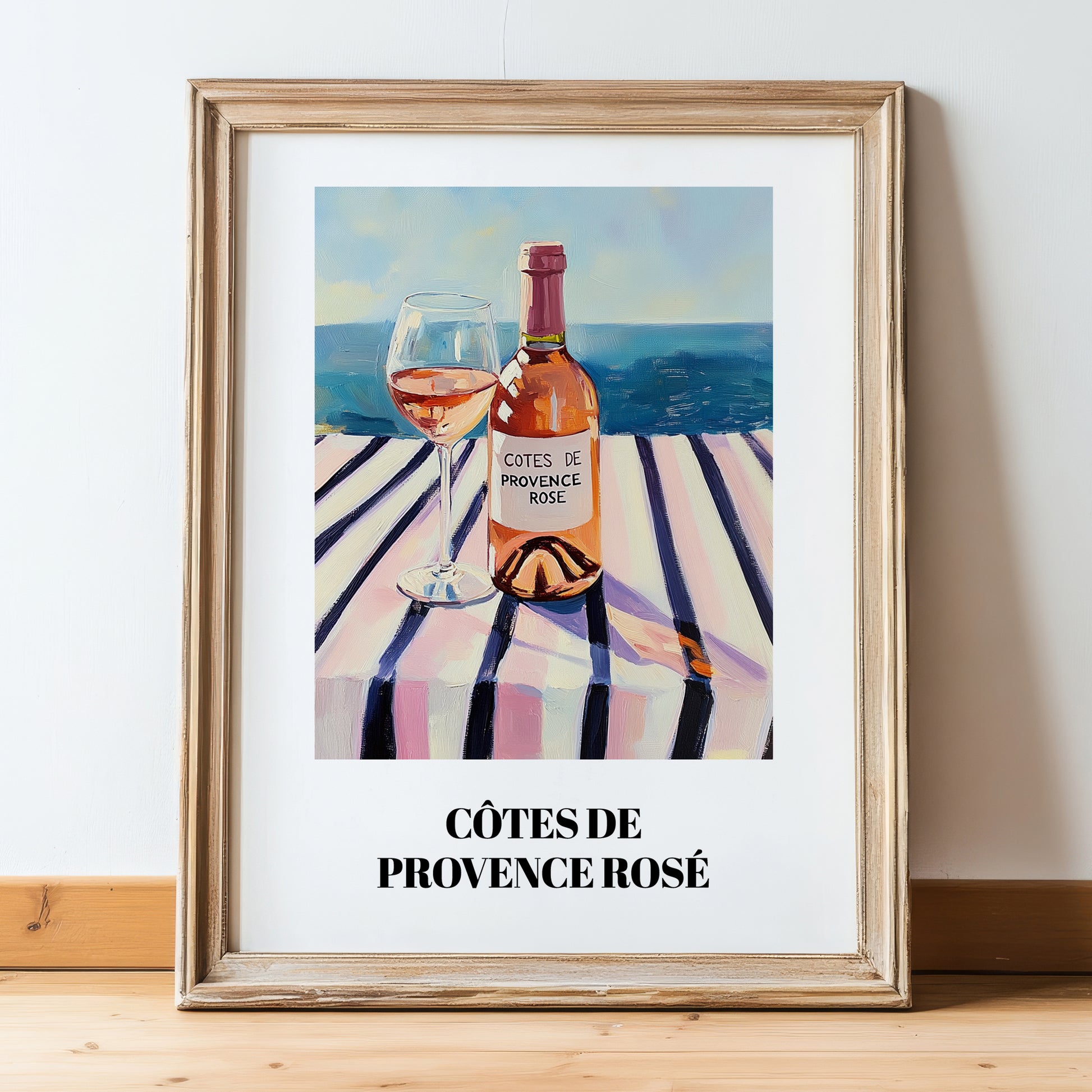 Côtes De Provence Rosé – French Coastal Table, French Wine Painting, in wooden frame leaning on the floor