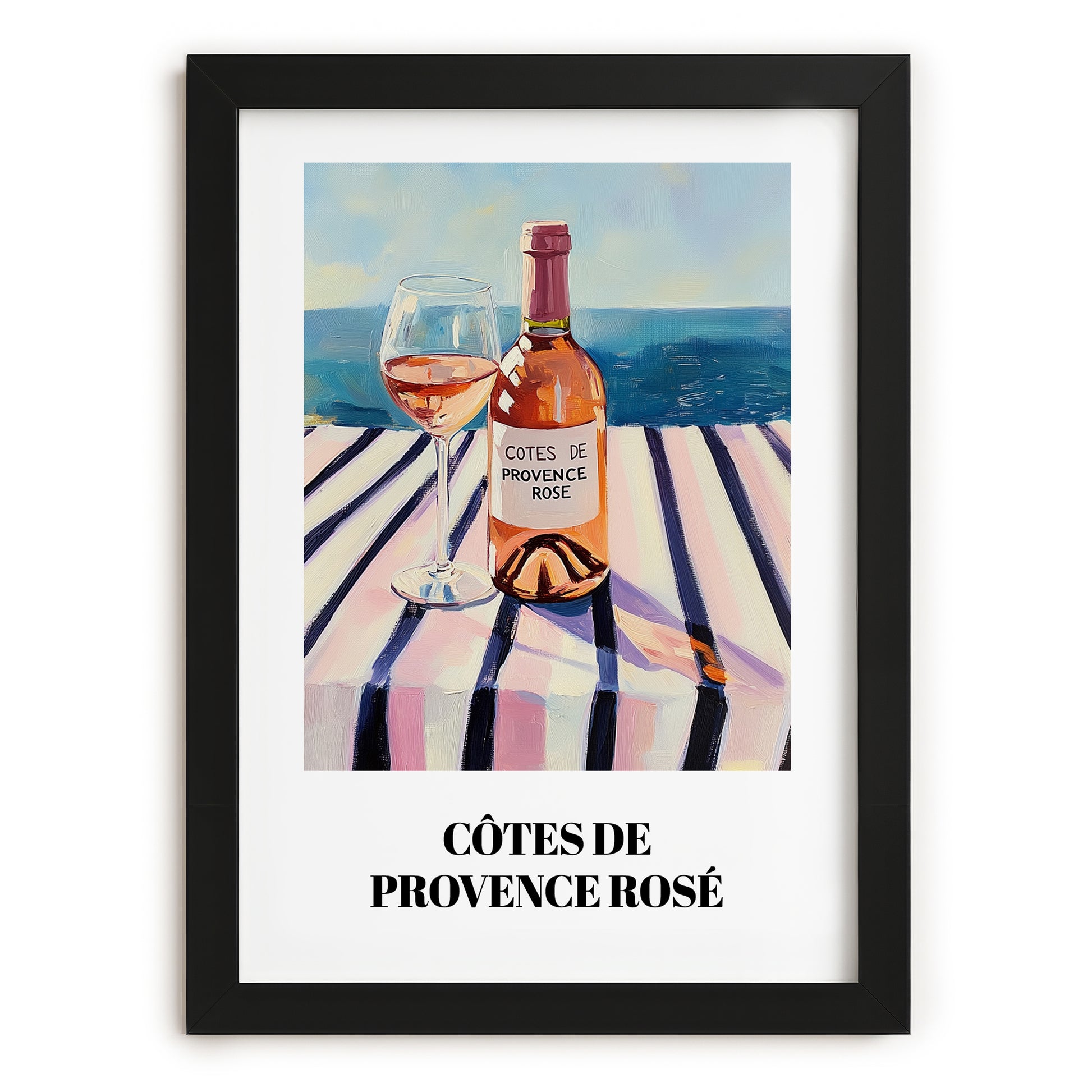 Côtes De Provence Rosé – French Coastal Table, French Wine Painting, in sleek black frame