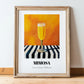 Mimosa – on Striped Tablecloth, French Cocktail Print, in wooden frame leaning on the floor