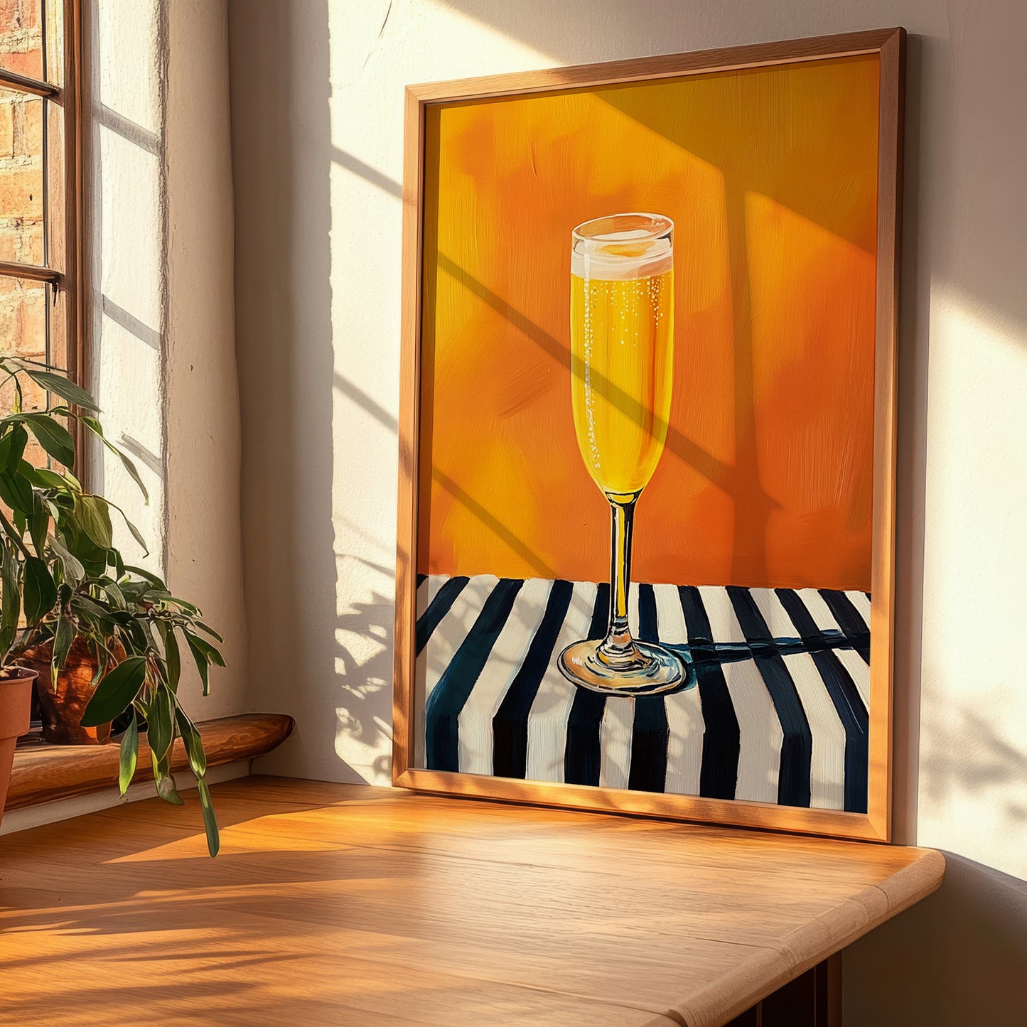 Mimosa – on Striped Tablecloth, French Cocktail Print, clean layout with no caption