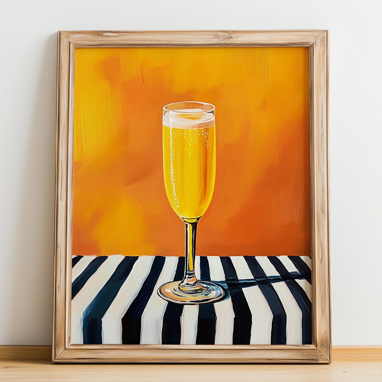 Mimosa – on Striped Tablecloth, French Cocktail Print, no-text version framed in wood