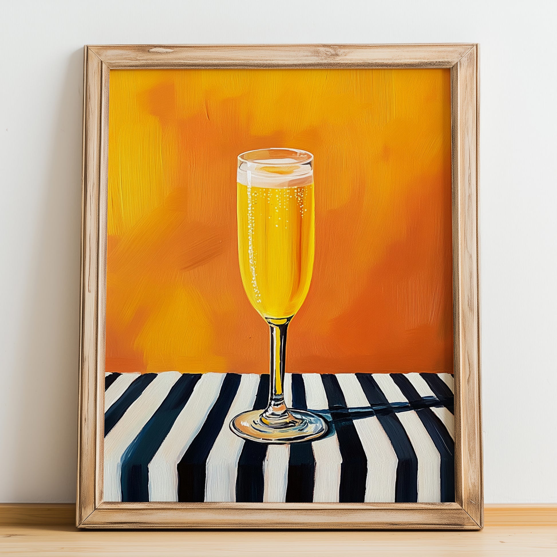 Mimosa – on Striped Tablecloth, French Cocktail Print, no-text version framed in wood