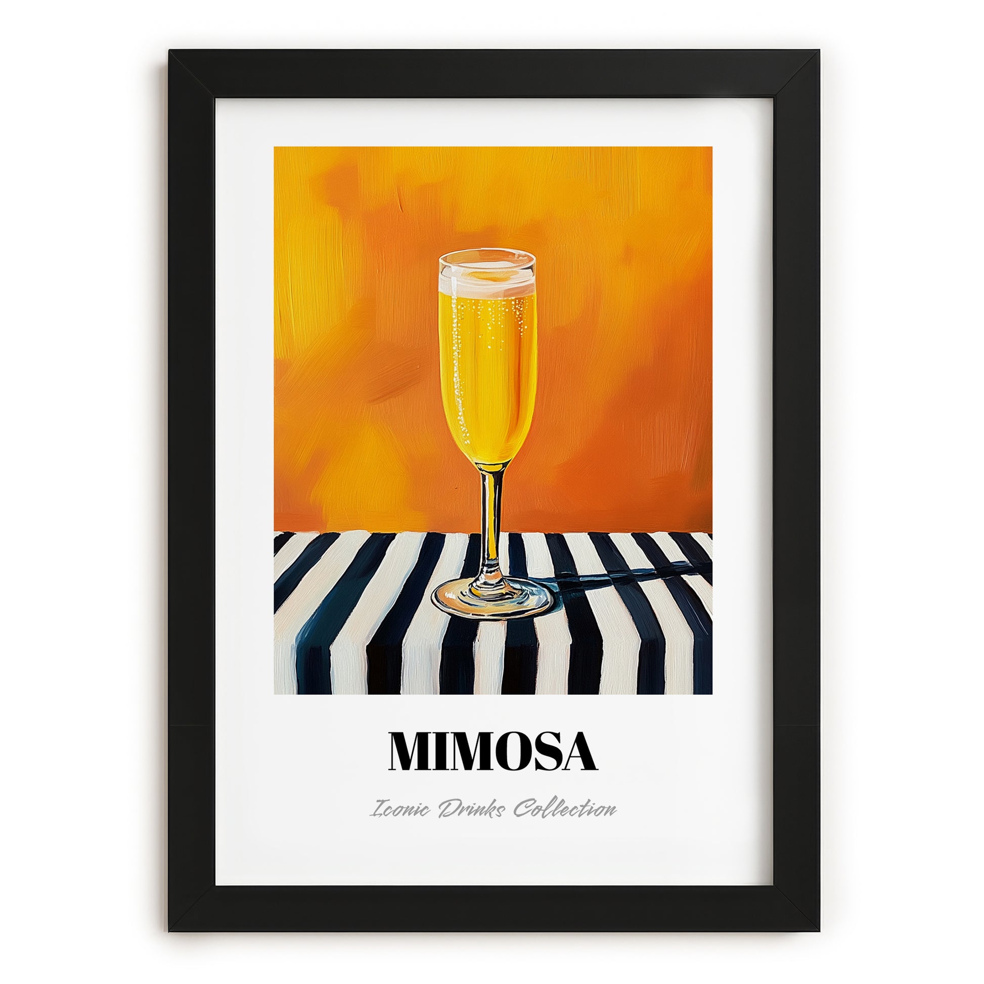 Mimosa – on Striped Tablecloth, French Cocktail Print, in sleek black frame