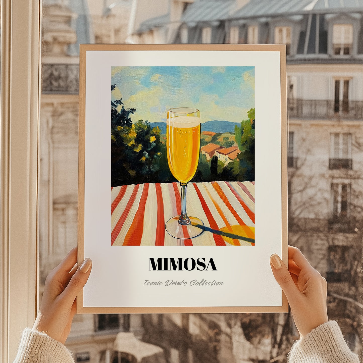 Mimosa – French Seaside Scene, French Cocktail Art, styled in a charming Paris street view