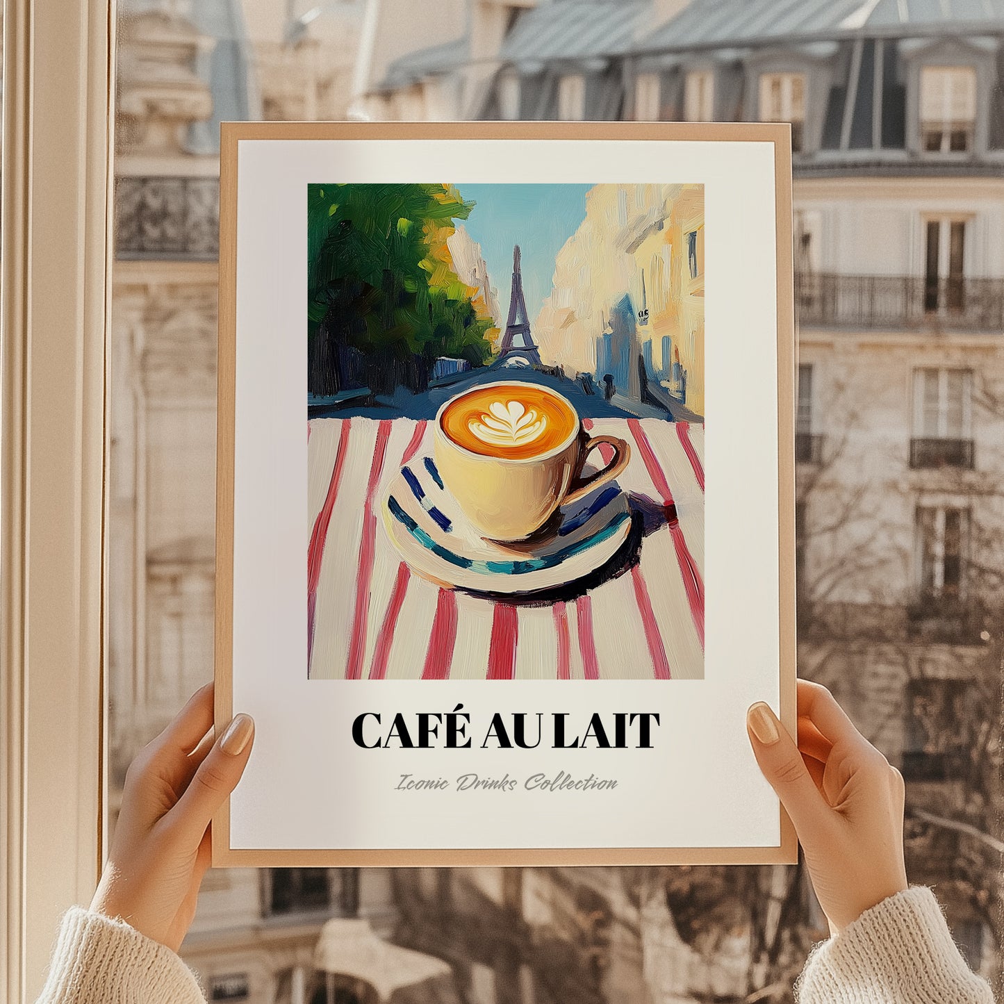 Café Au Lait – French Urban Café Scene, French Coffee Poster, styled in a charming Paris street view