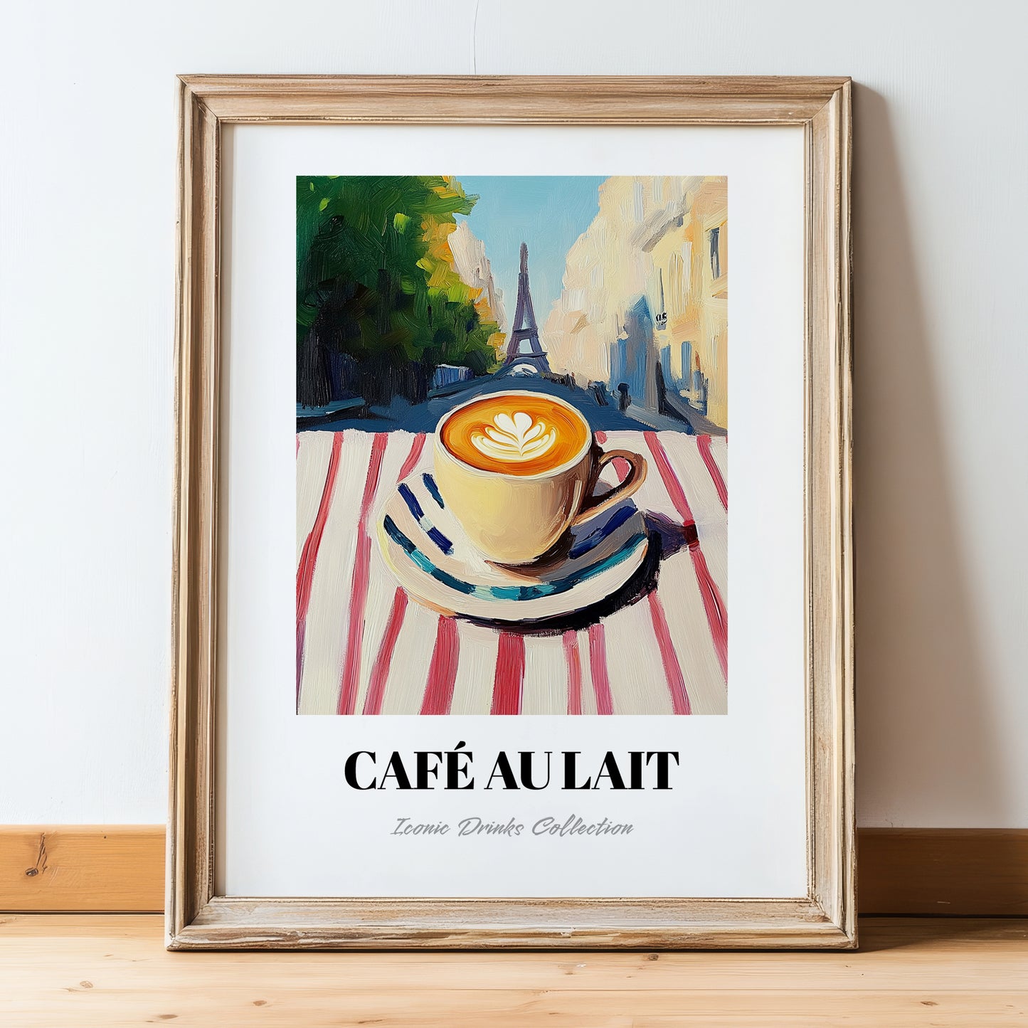 Café Au Lait – French Urban Café Scene, French Coffee Poster, in wooden frame leaning on the floor