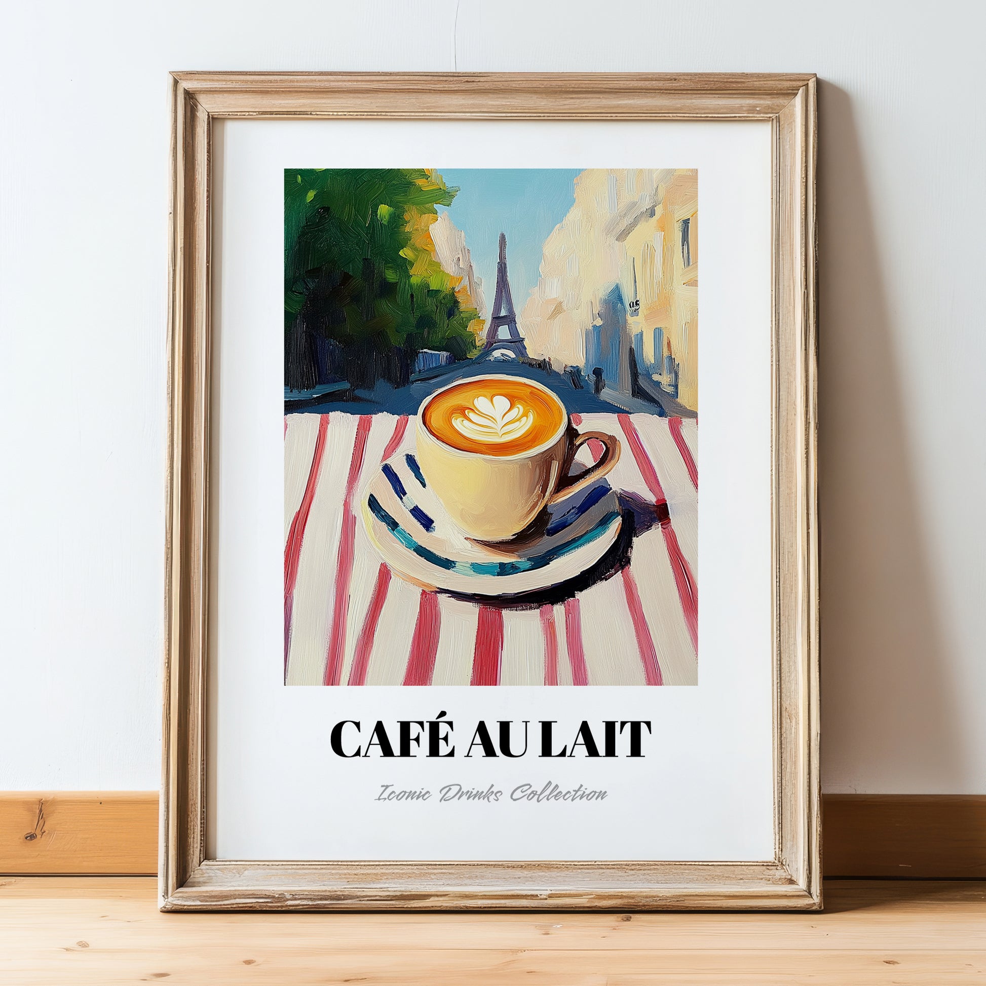 Café Au Lait – French Urban Café Scene, French Coffee Poster, in wooden frame leaning on the floor