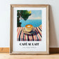 Café Au Lait – French Seaside Scene, French Coffee Illustration, in wooden frame leaning on the floor