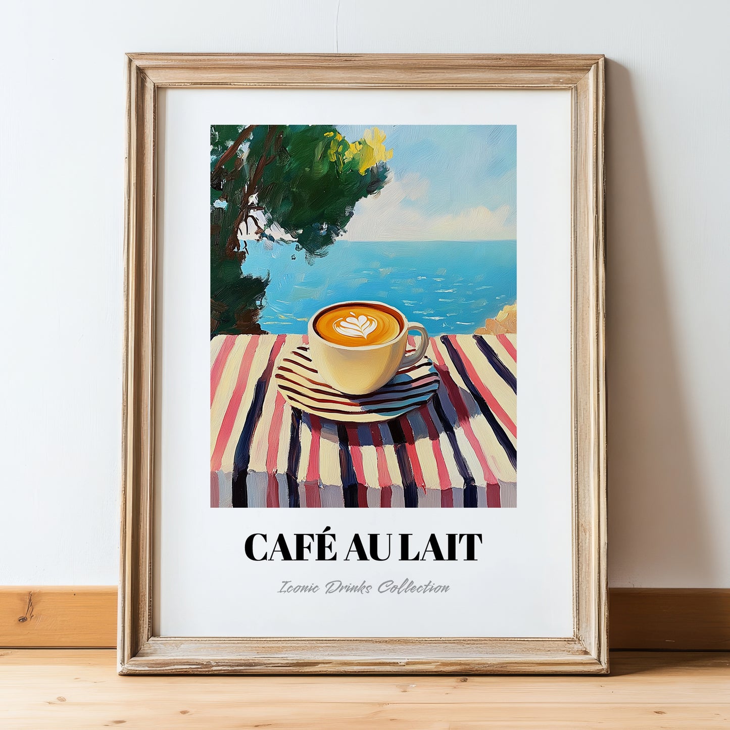 Café Au Lait – French Seaside Scene, French Coffee Illustration, in wooden frame leaning on the floor