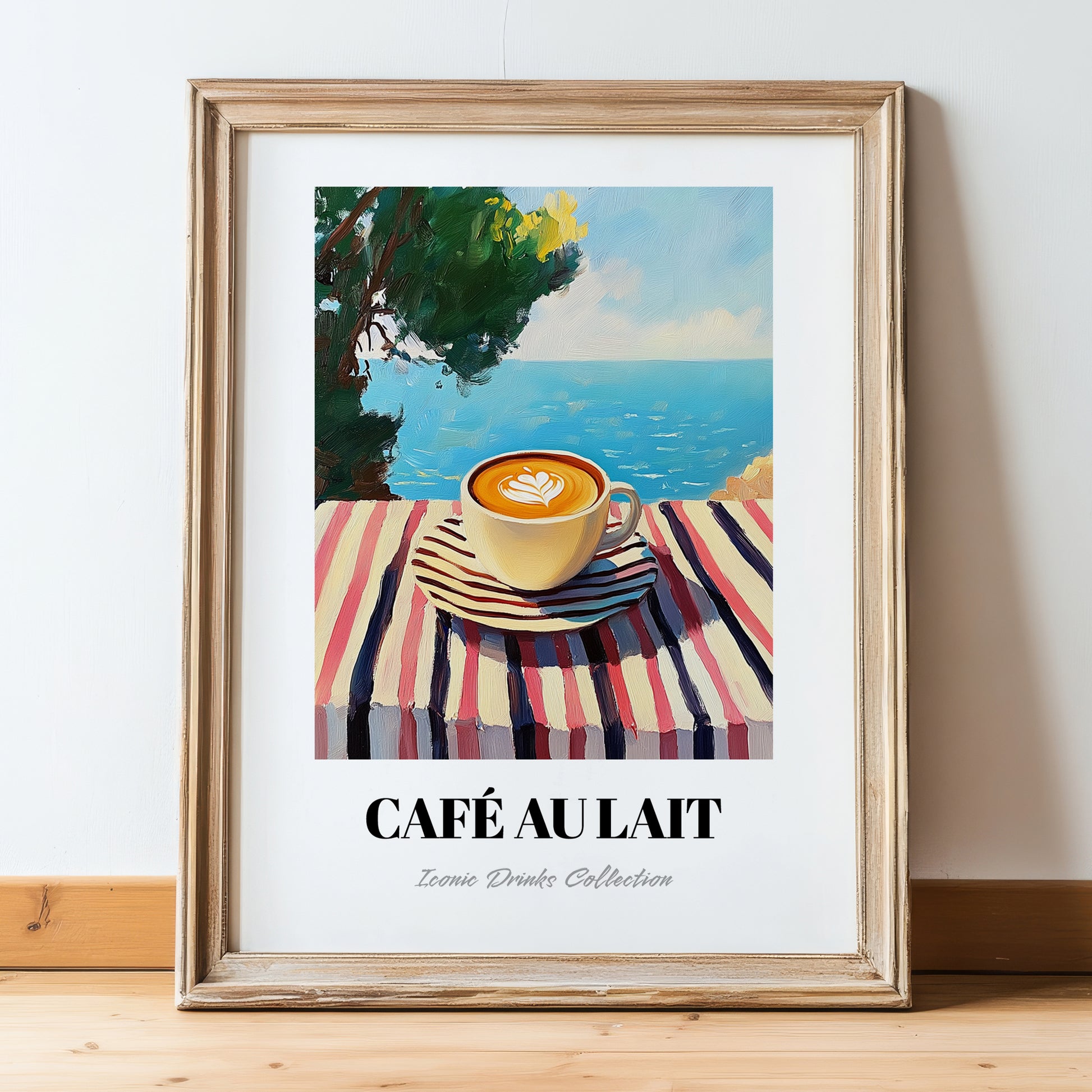 Café Au Lait – French Seaside Scene, French Coffee Illustration, in wooden frame leaning on the floor