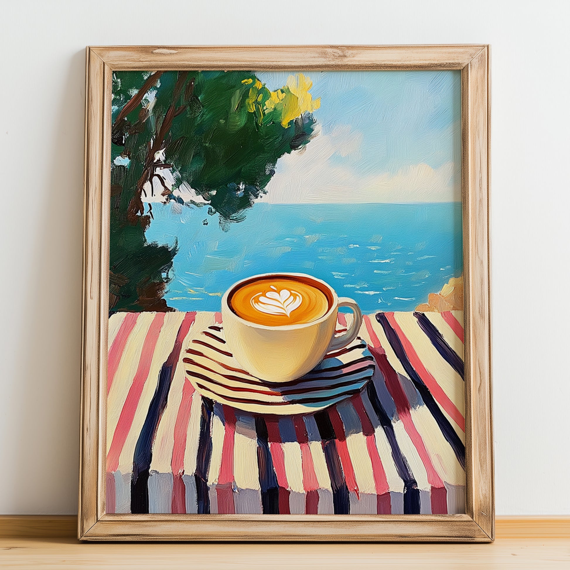 Café Au Lait – French Seaside Scene, French Coffee Illustration, no-text version framed in wood