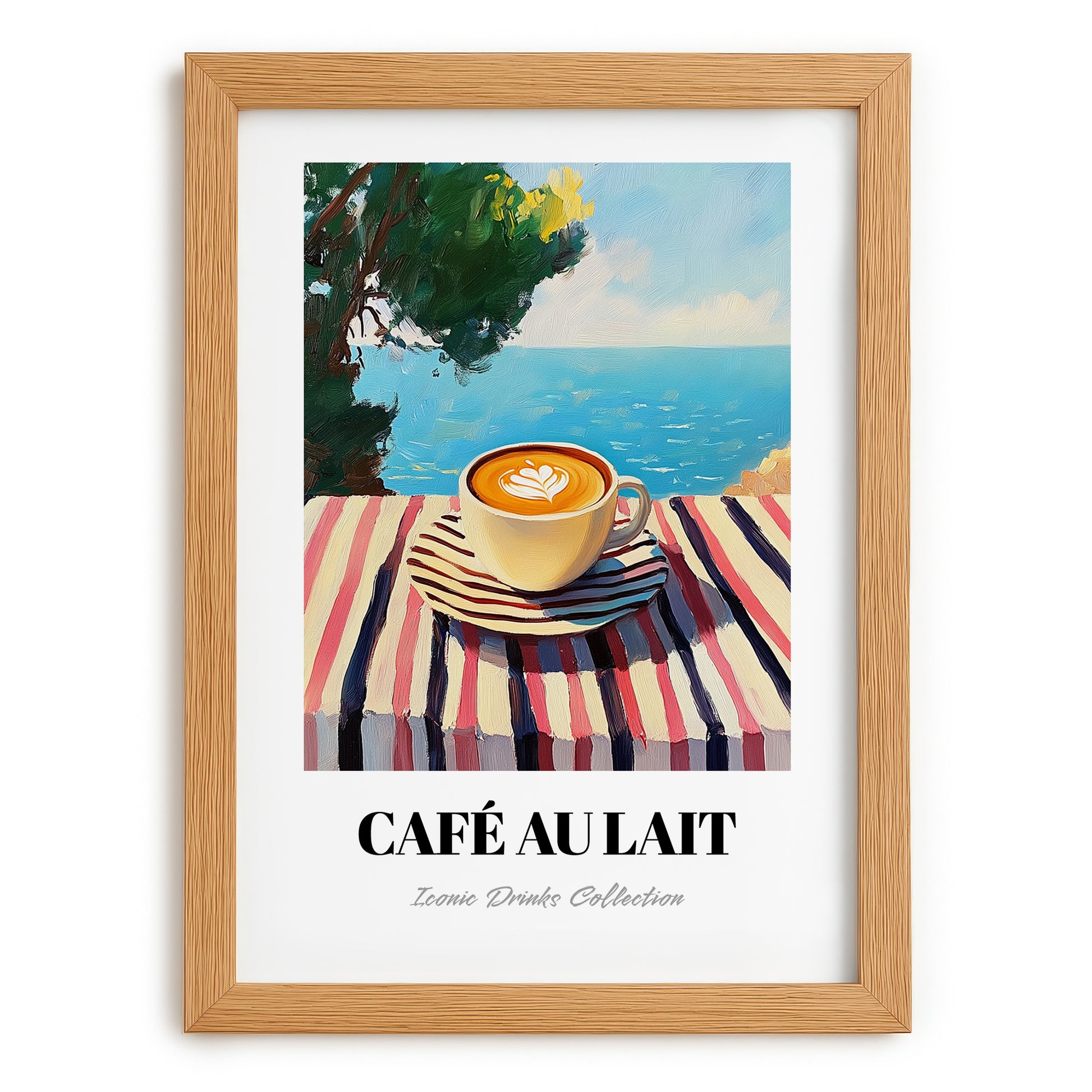 Café Au Lait – French Seaside Scene, French Coffee Illustration, set in oak frame