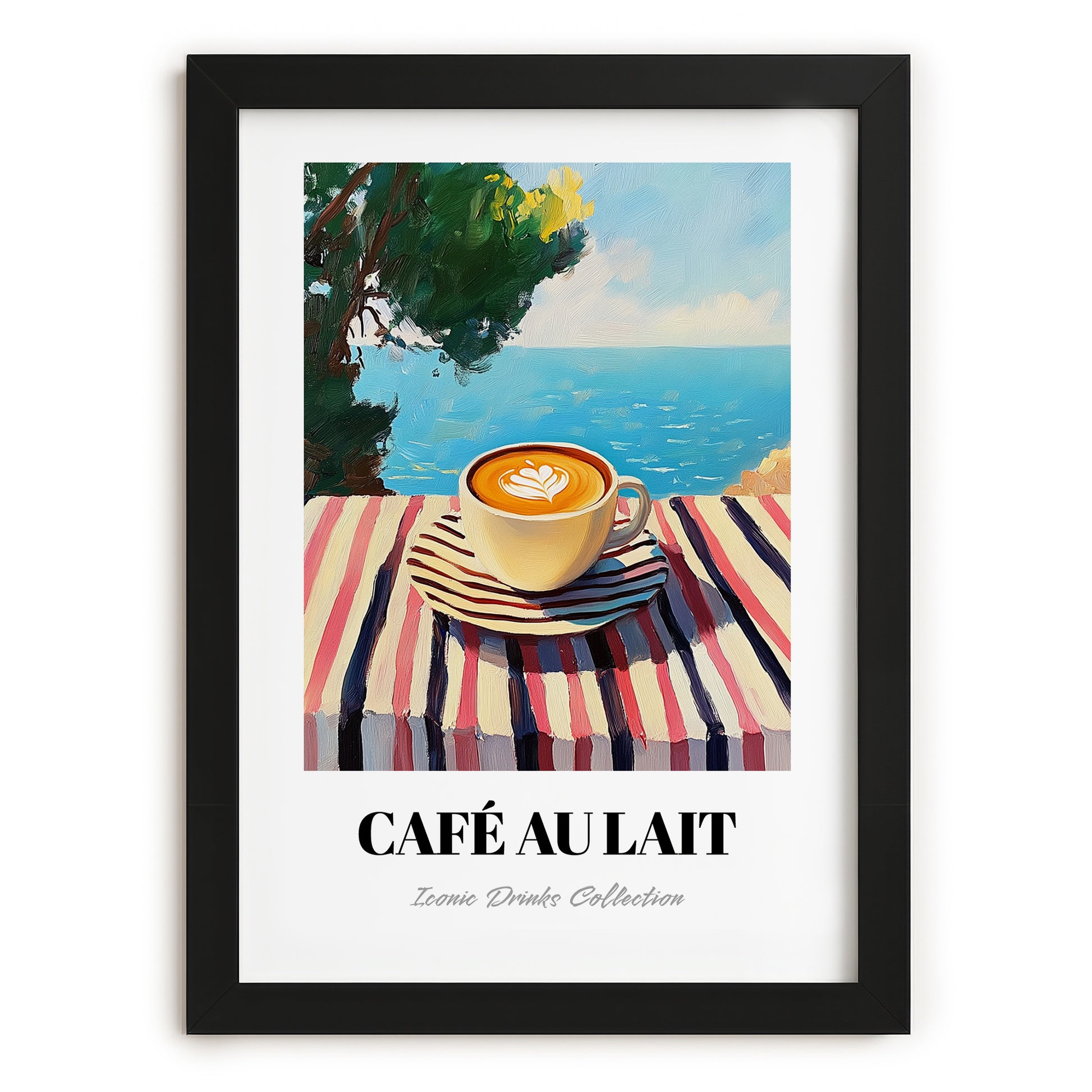 Café Au Lait – French Seaside Scene, French Coffee Illustration, in sleek black frame