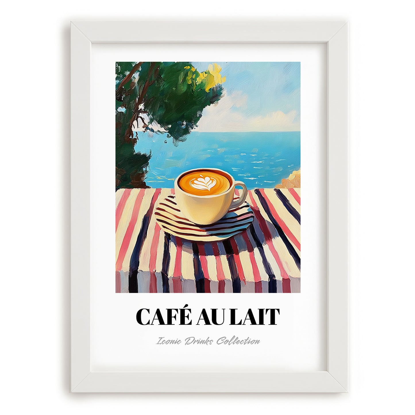 Café Au Lait – French Seaside Scene, French Coffee Illustration, placed in minimal white frame