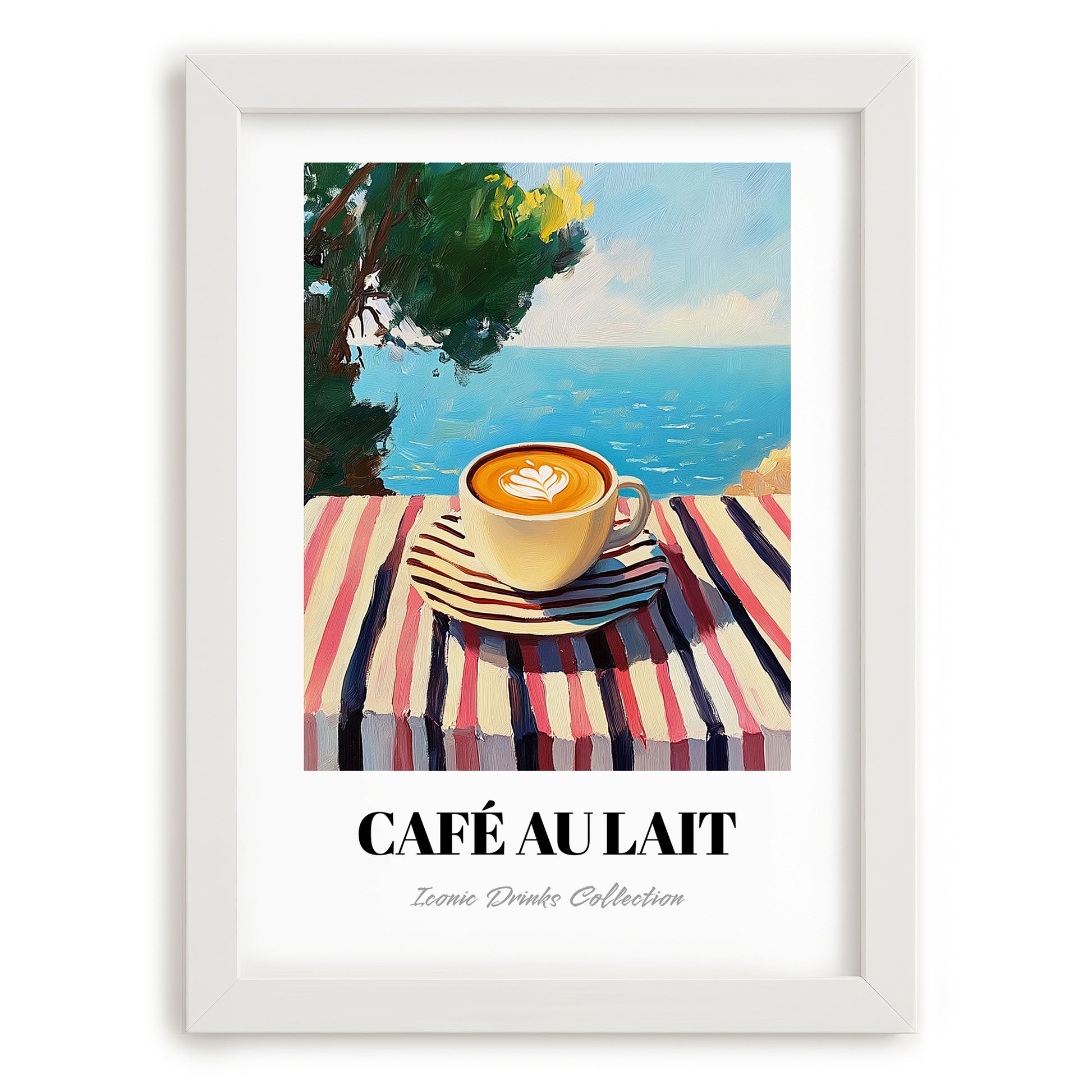 Café Au Lait – French Seaside Scene, French Coffee Illustration, placed in minimal white frame
