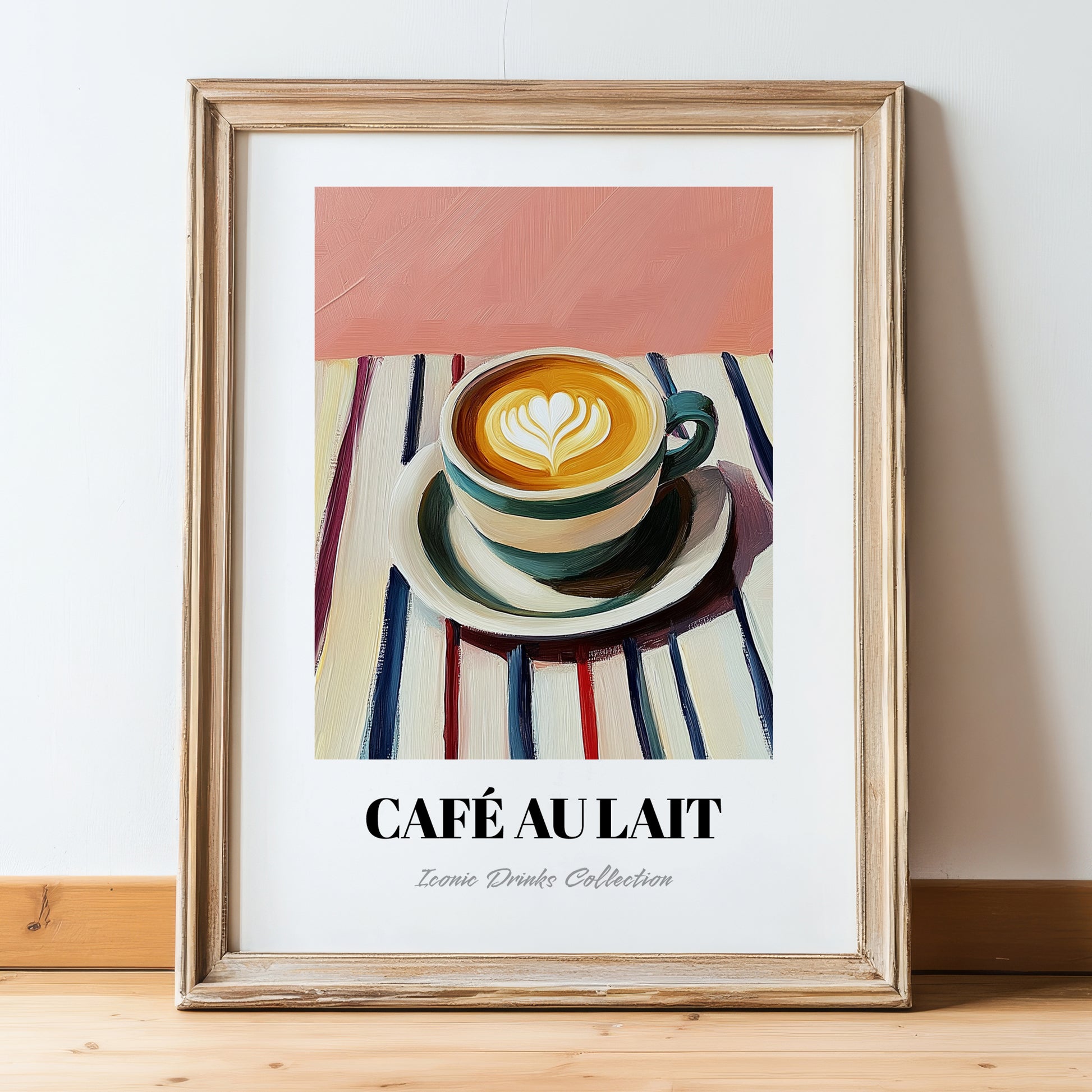 Café Au Lait – on Striped Tablecloth, French Coffee Print, in wooden frame leaning on the floor