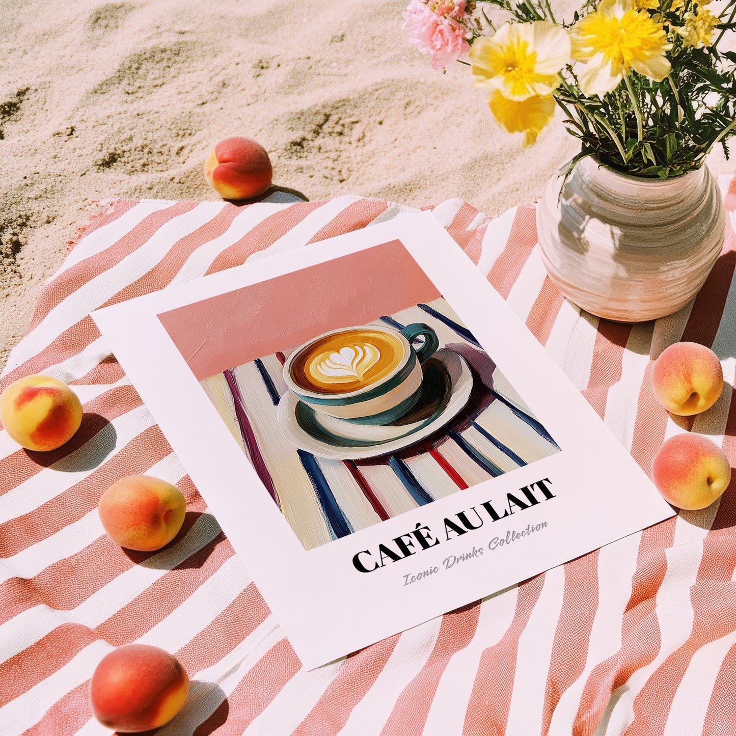 Café Au Lait – on Striped Tablecloth, French Coffee Print, unframed on coastal sand