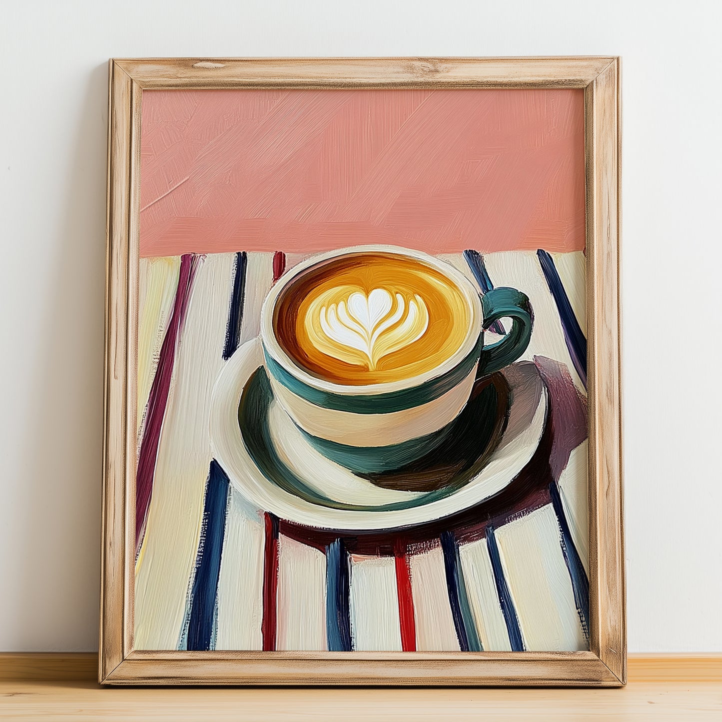 Café Au Lait – on Striped Tablecloth, French Coffee Print, no-text version framed in wood