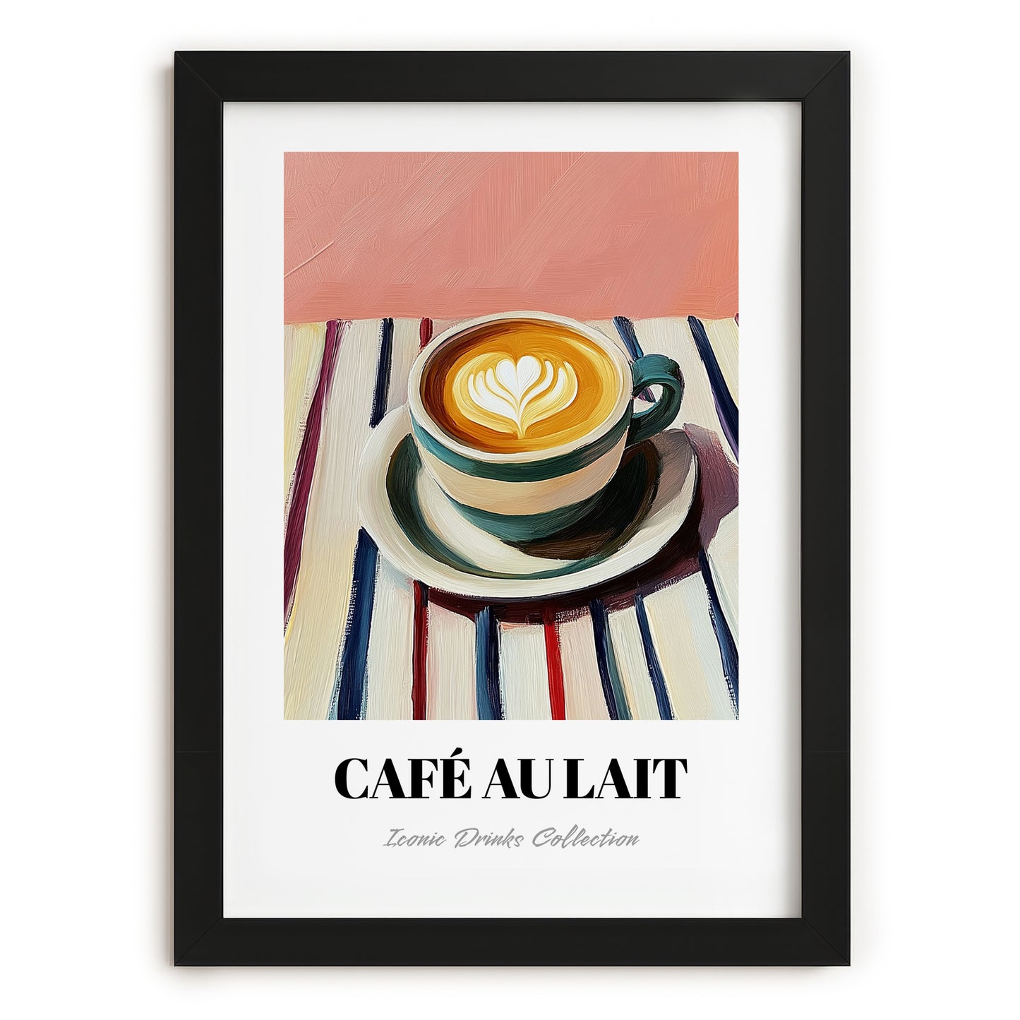 Café Au Lait – on Striped Tablecloth, French Coffee Print, in sleek black frame